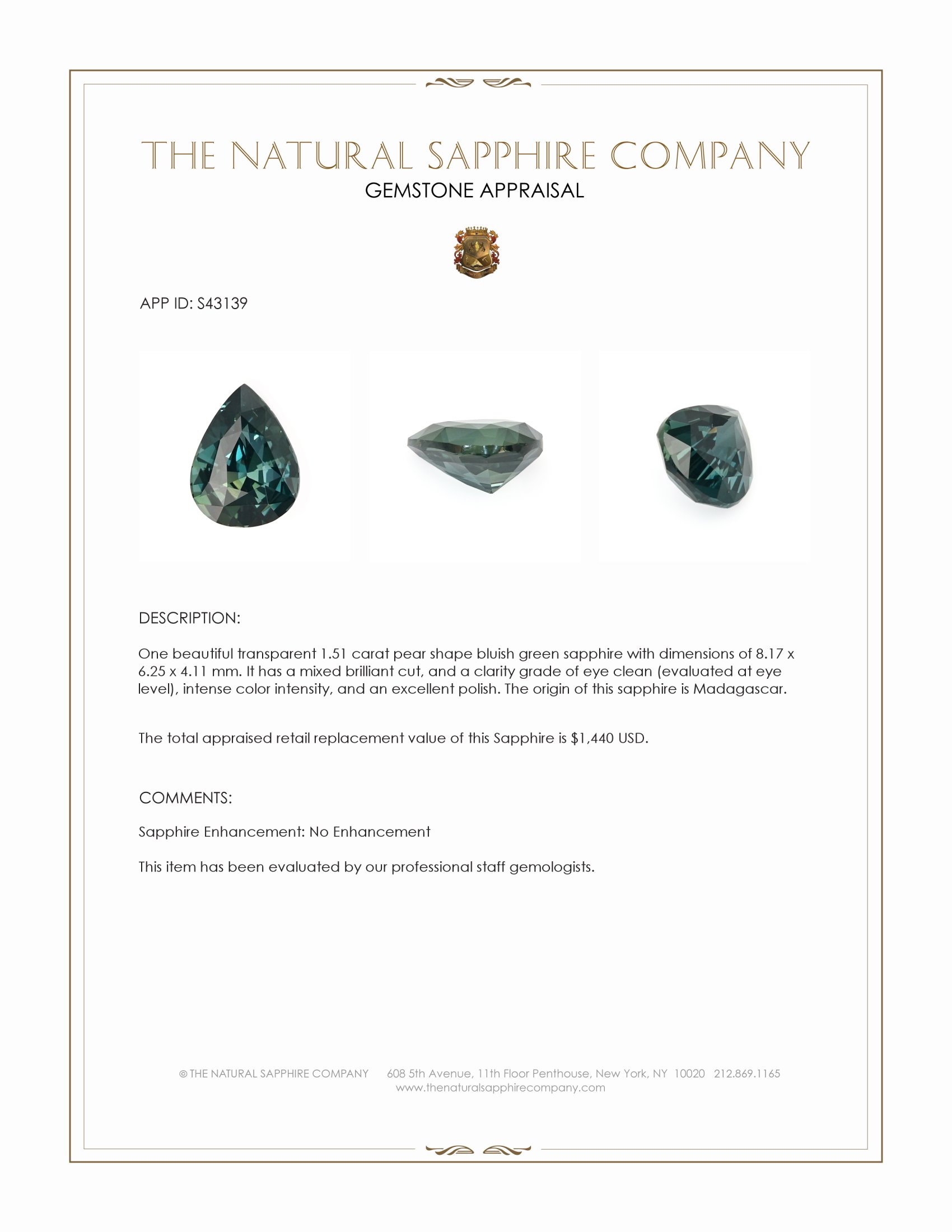 1.51 Ct. Bluish Green Sapphire from Madagascar