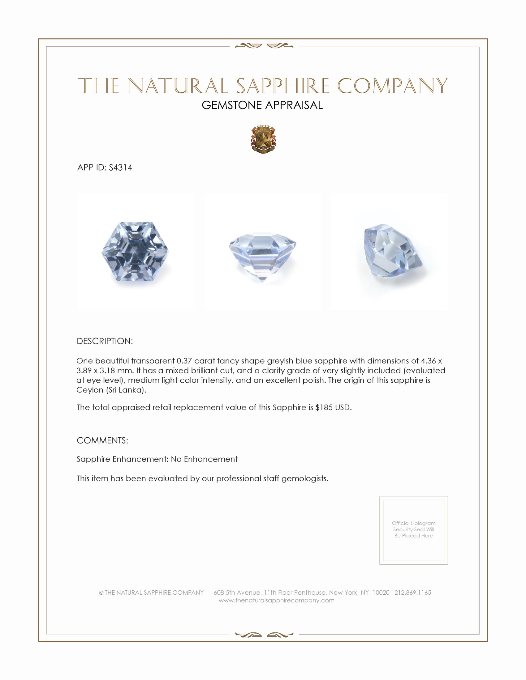 0.37 Ct. Greyish Blue Sapphire from Ceylon (Sri Lanka)