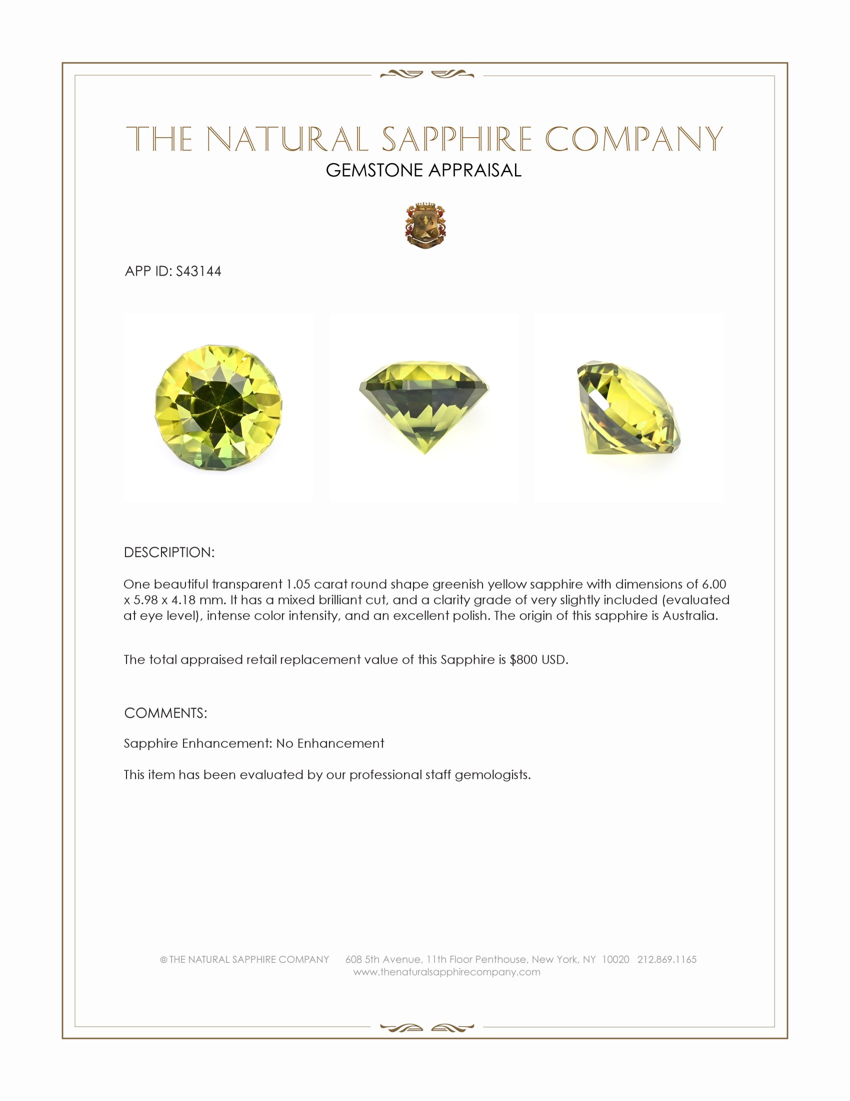 1.05 Ct. Greenish Yellow Sapphire from Australia