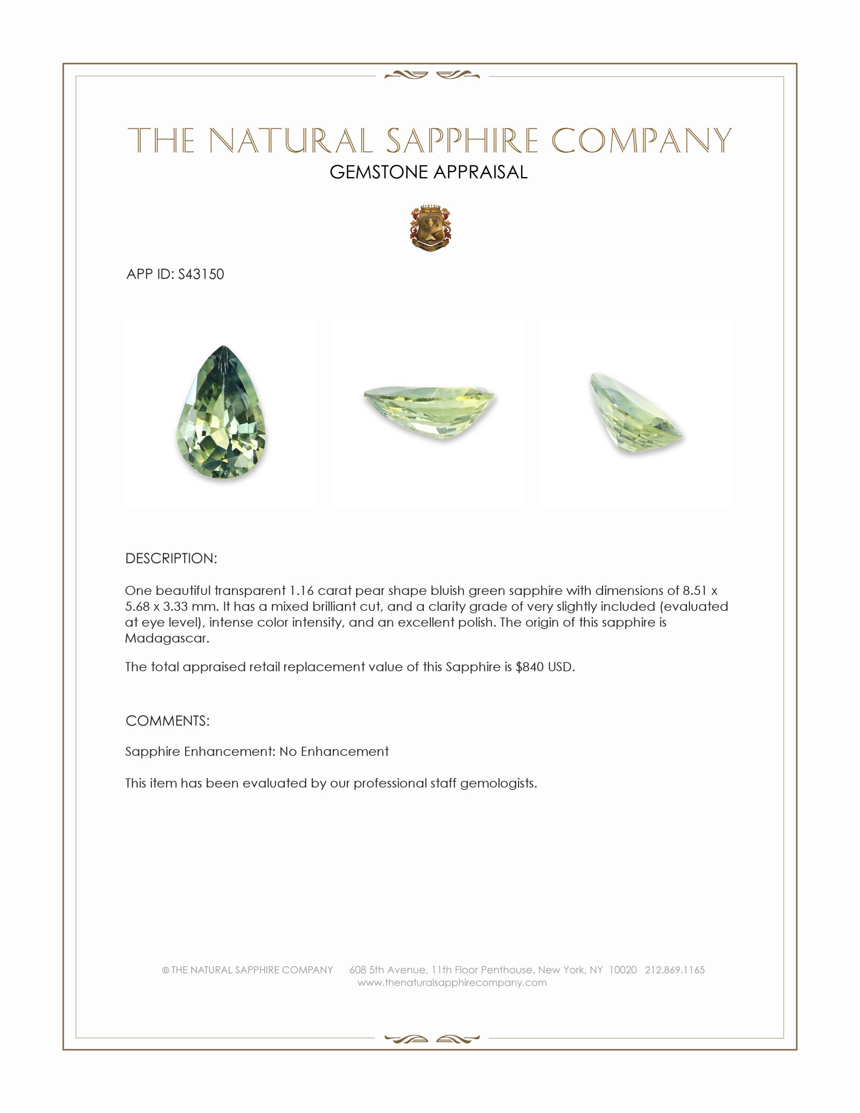 1.16 Ct. Bluish Green Sapphire from Madagascar