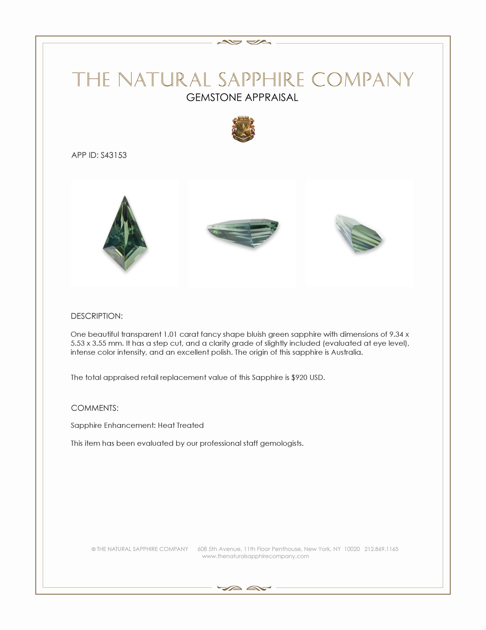 1.01 Ct. Bluish Green Sapphire from Australia