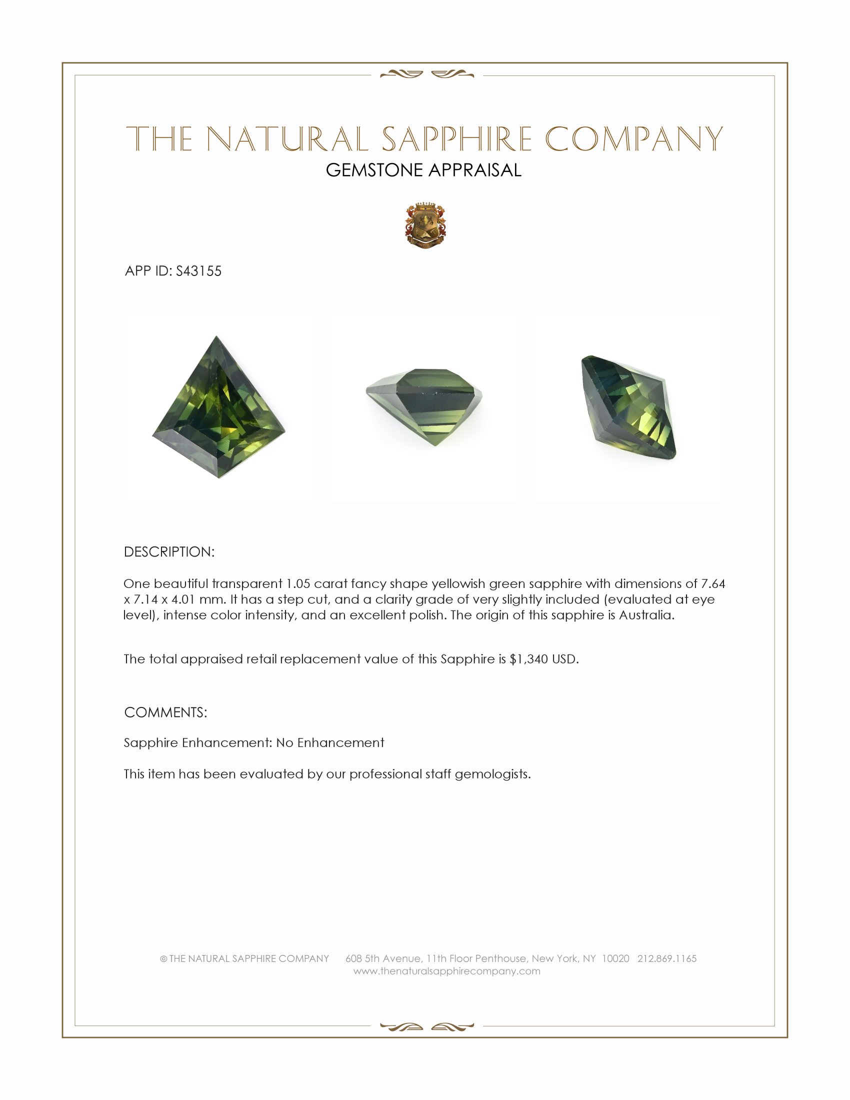 1.05 Ct. Yellowish Green Sapphire from Australia