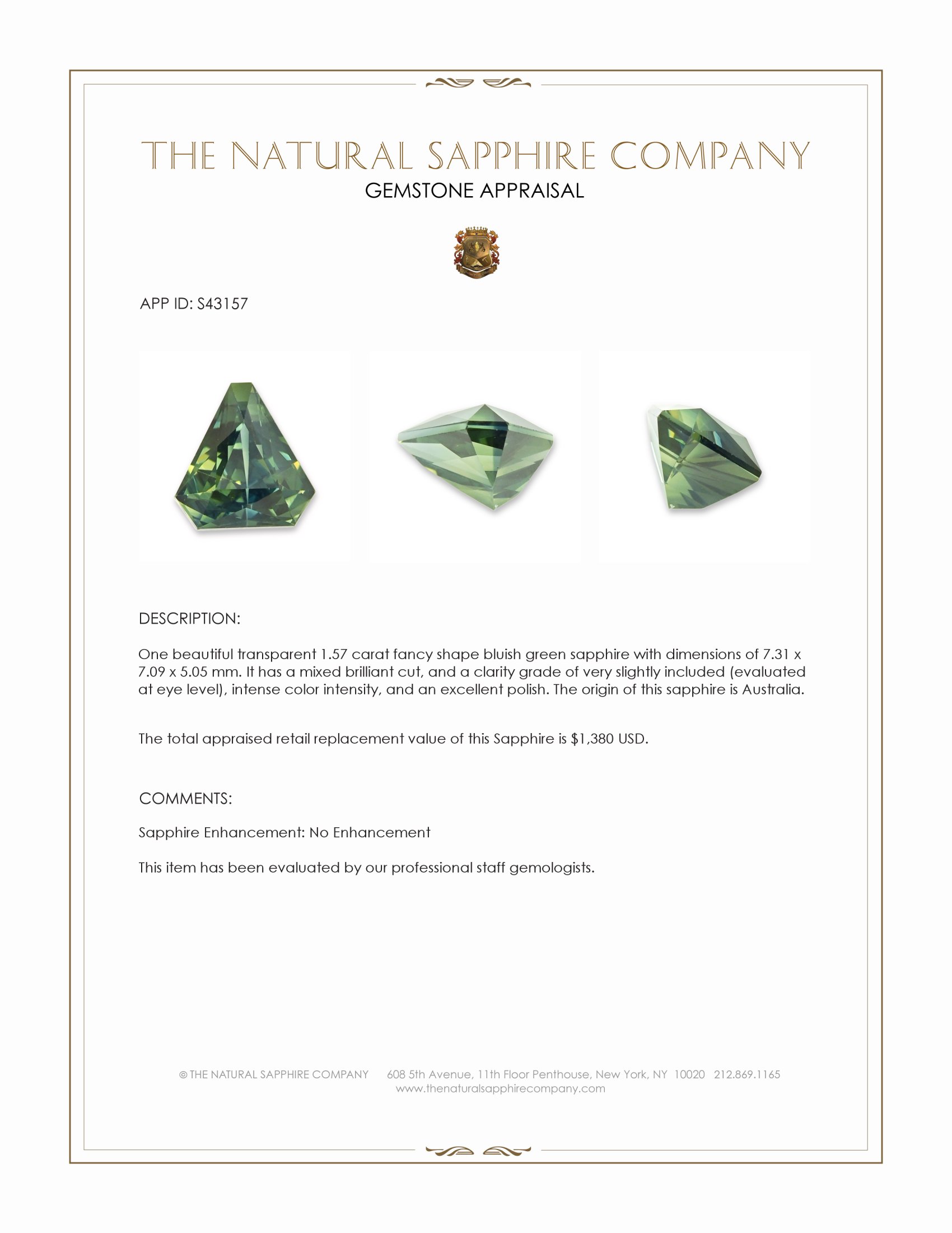 1.57 Ct. Bluish Green Sapphire from Australia