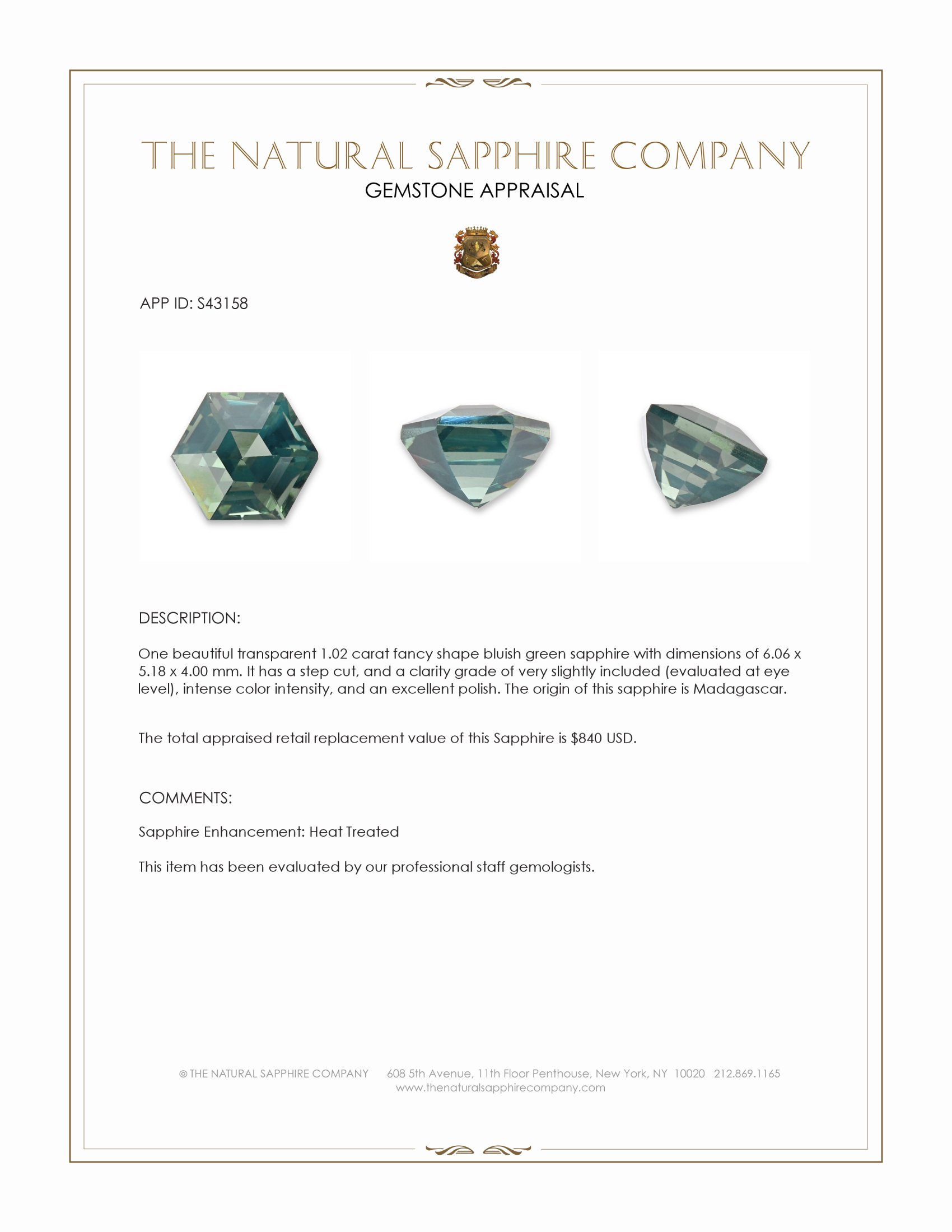 1.02 Ct. Bluish Green Sapphire from Madagascar