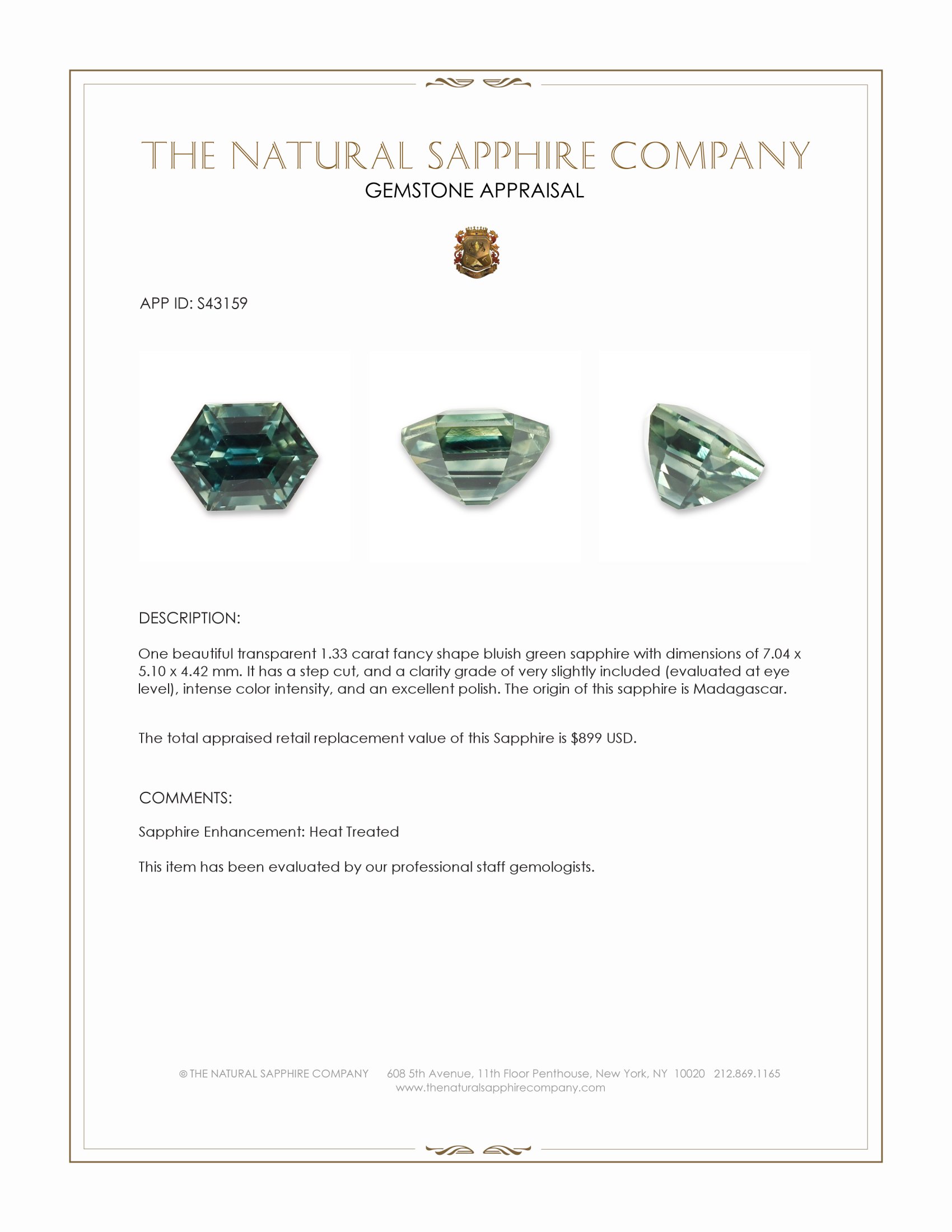 1.33 Ct. Bluish Green Sapphire from Madagascar