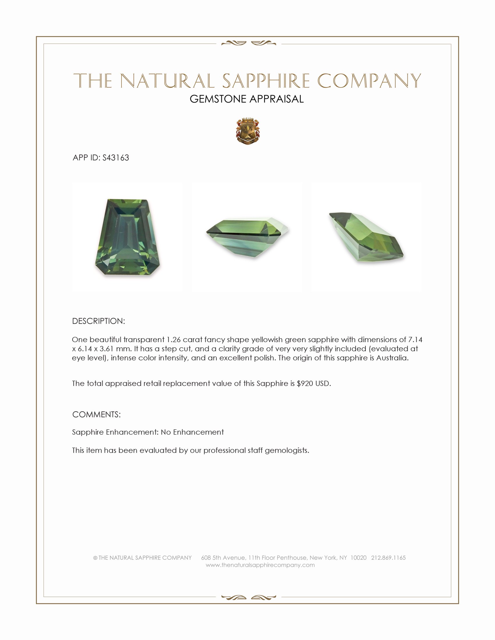 1.26 Ct. Yellowish Green Sapphire from Australia