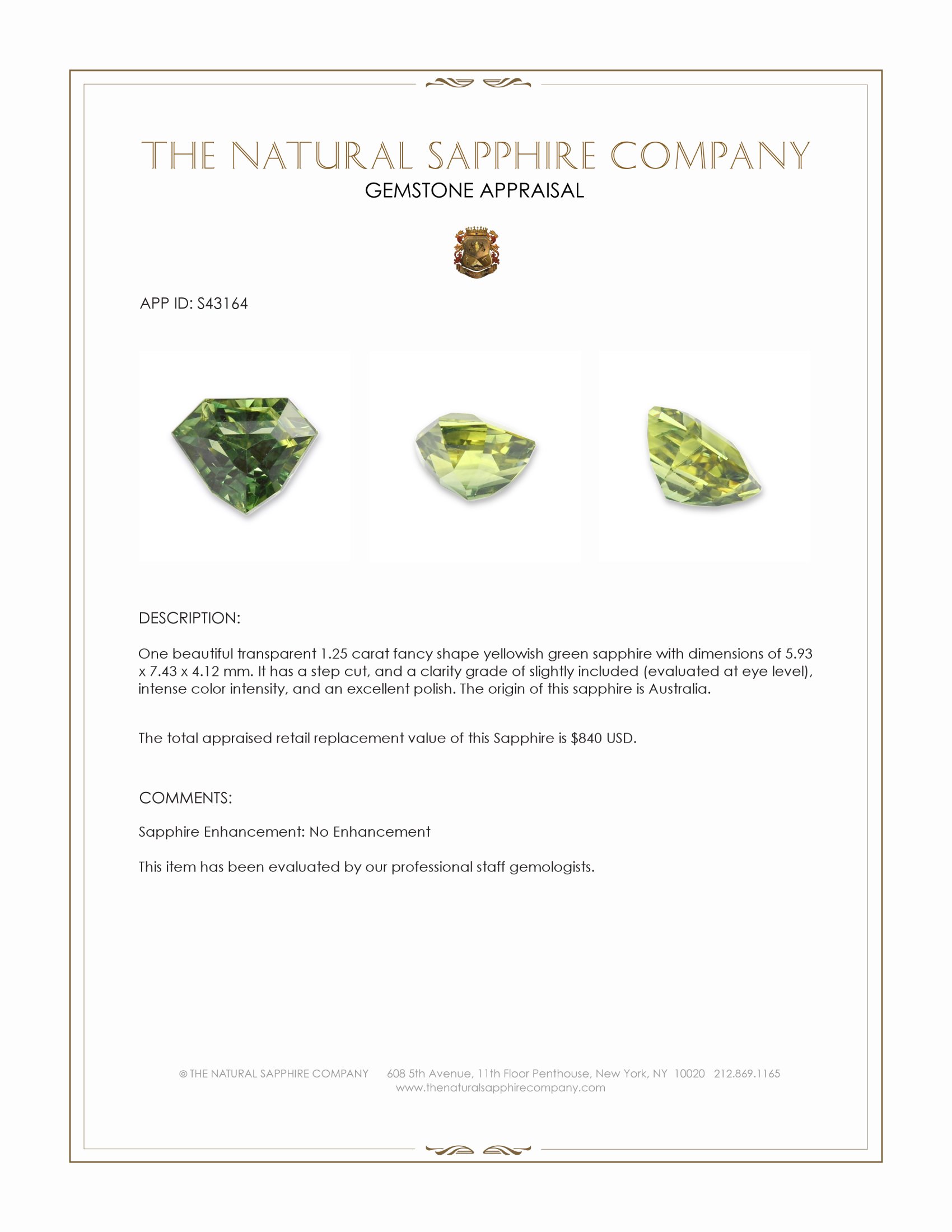 1.25 Ct. Yellowish Green Sapphire from Australia