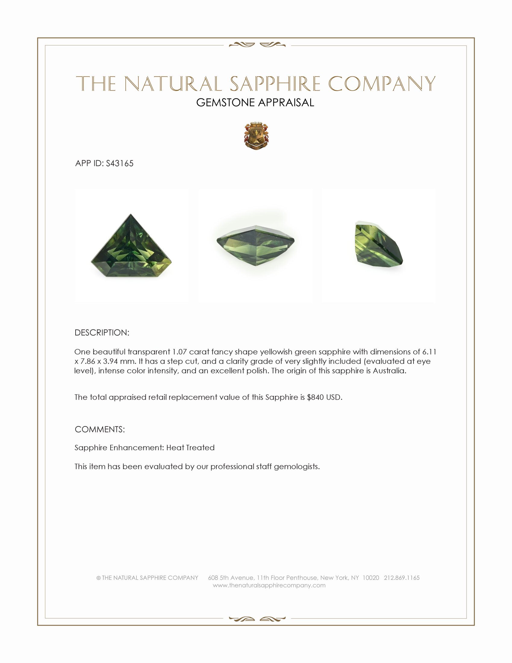 1.07 Ct. Yellowish Green Sapphire from Australia