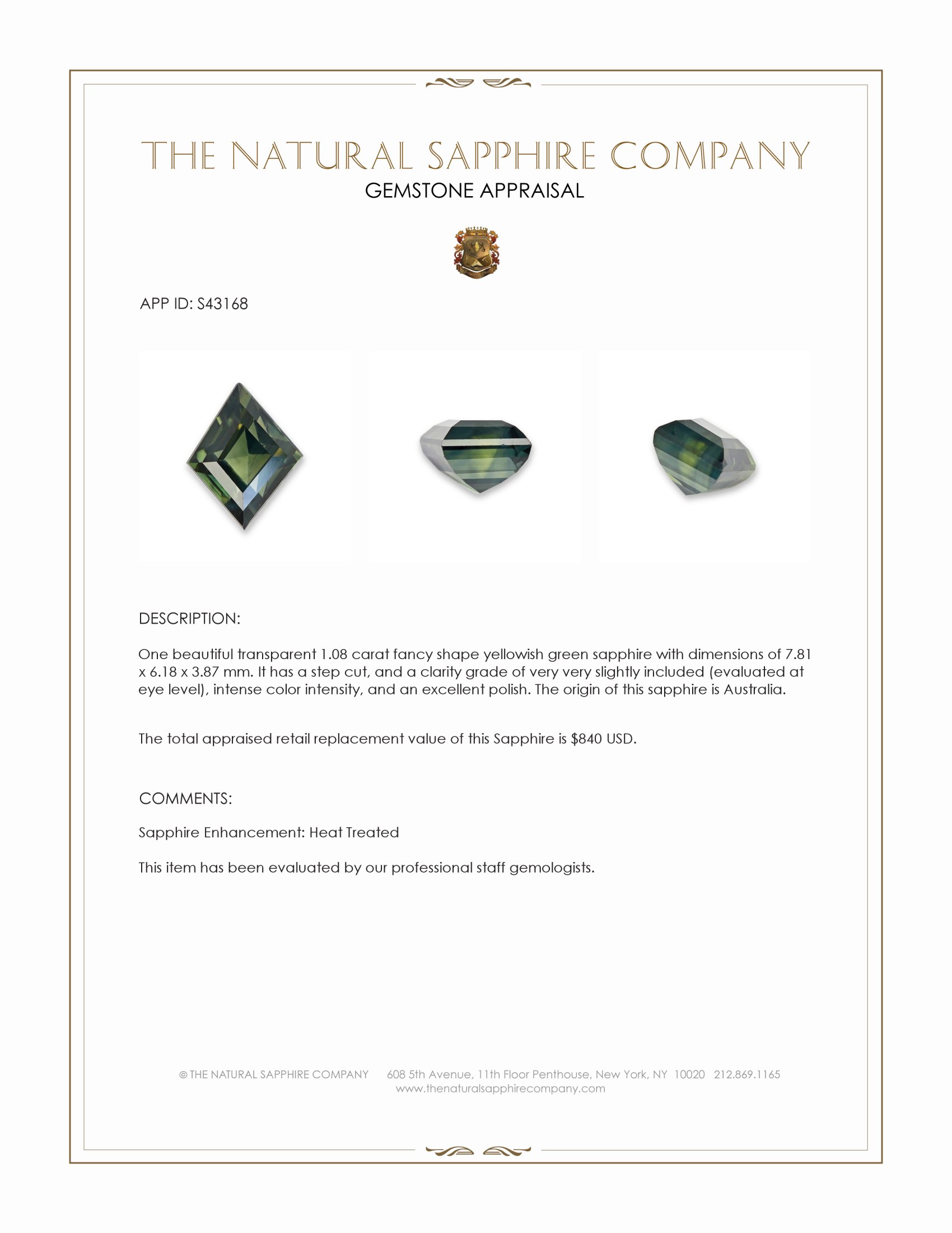 1.08 Ct. Yellowish Green Sapphire from Australia