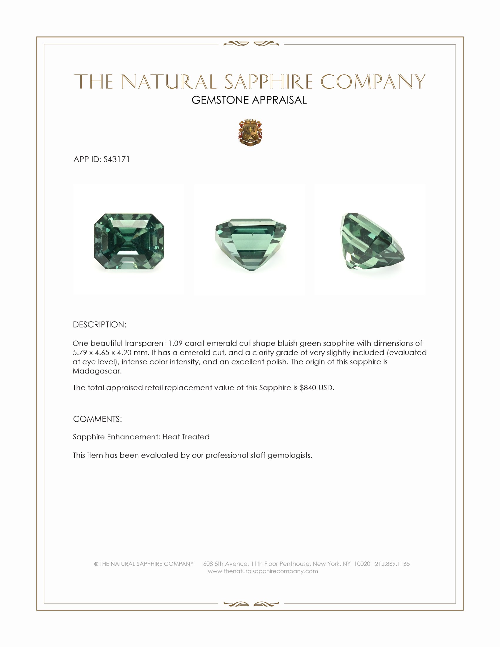 1.09 Ct. Bluish Green Sapphire from Madagascar