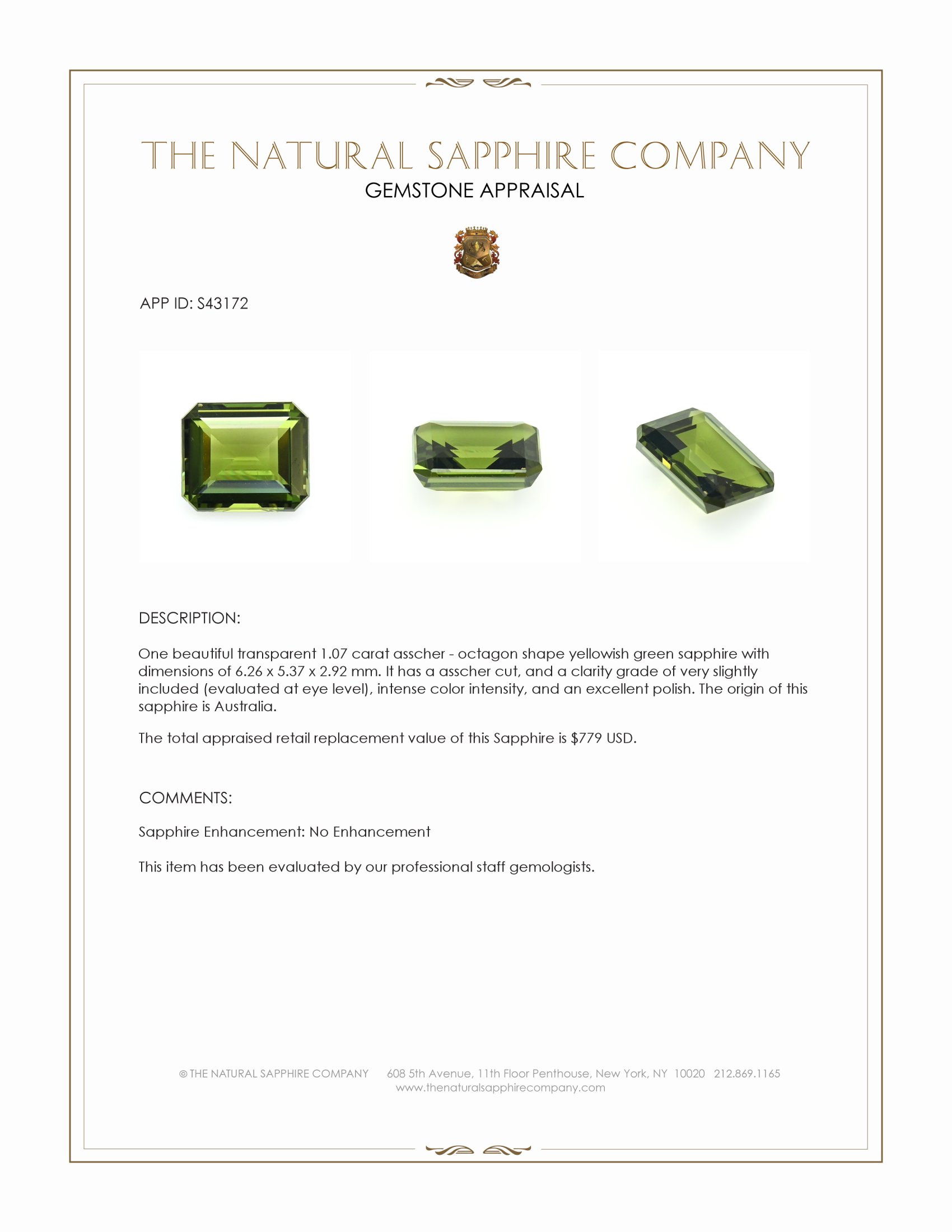 1.07 Ct. Yellowish Green Sapphire from Australia