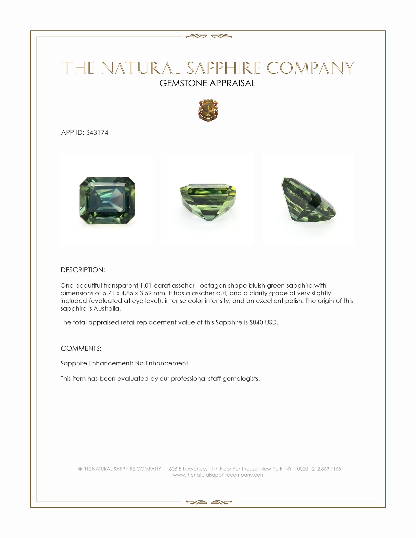 1.01 Ct. Bluish Green Sapphire from Australia