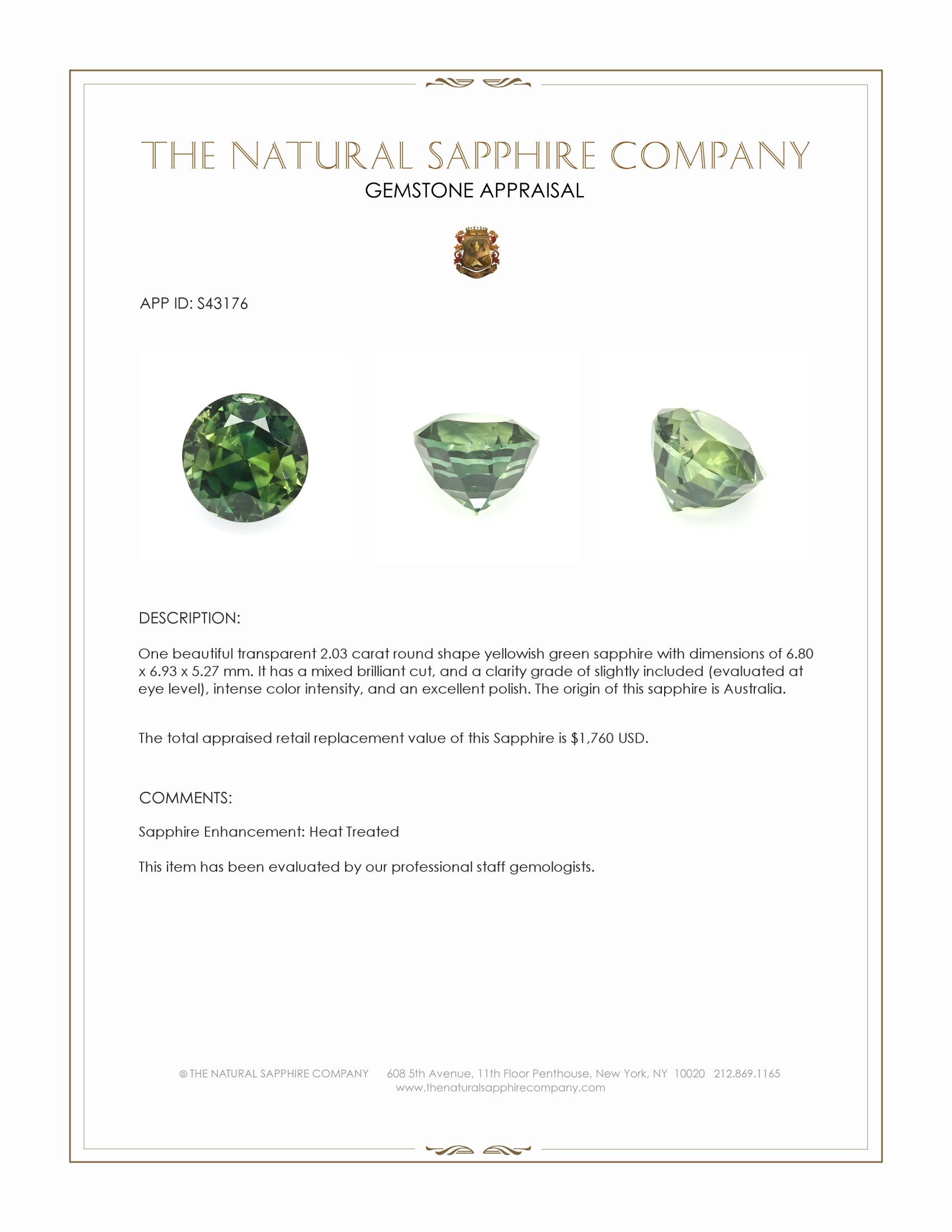 2.03 Ct. Yellowish Green Sapphire from Australia