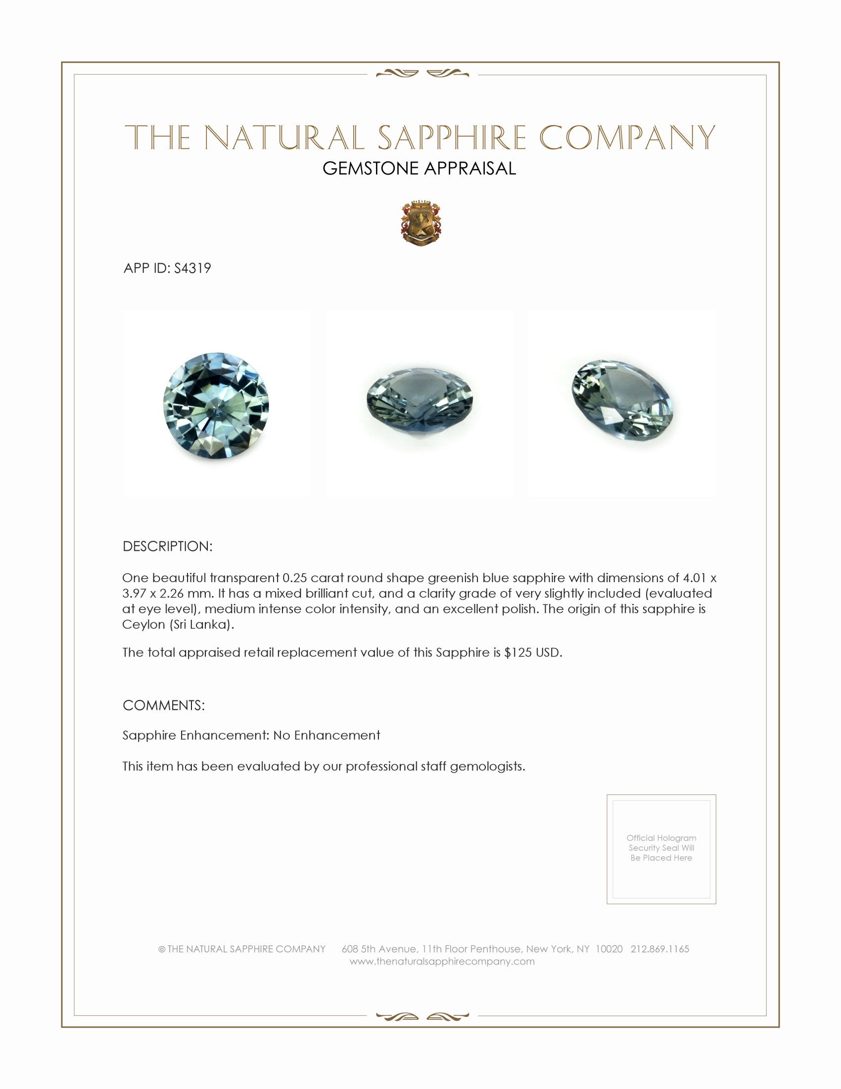 0.25 Ct. Greenish Blue Sapphire from Ceylon (Sri Lanka)