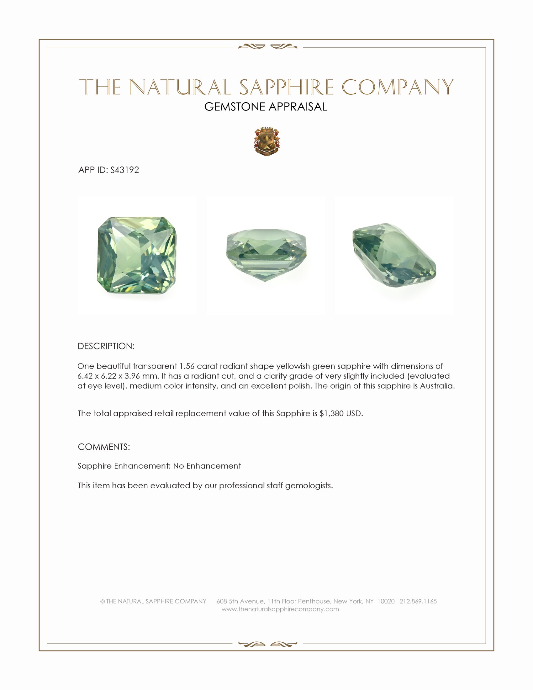 1.56 Ct. Yellowish Green Sapphire from Australia