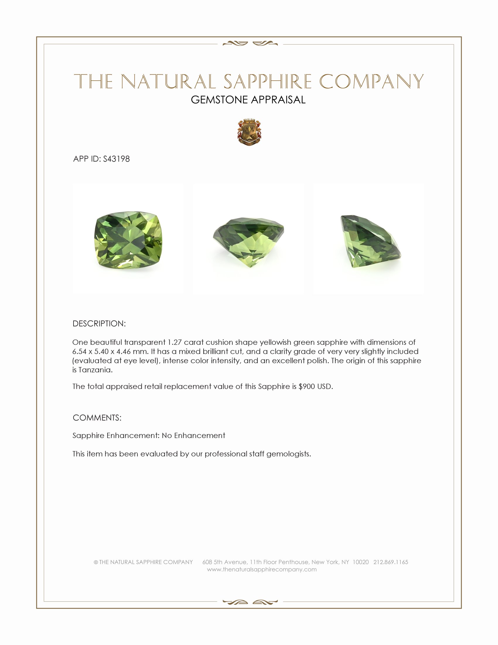 1.27 Ct. Yellowish Green Sapphire from Tanzania