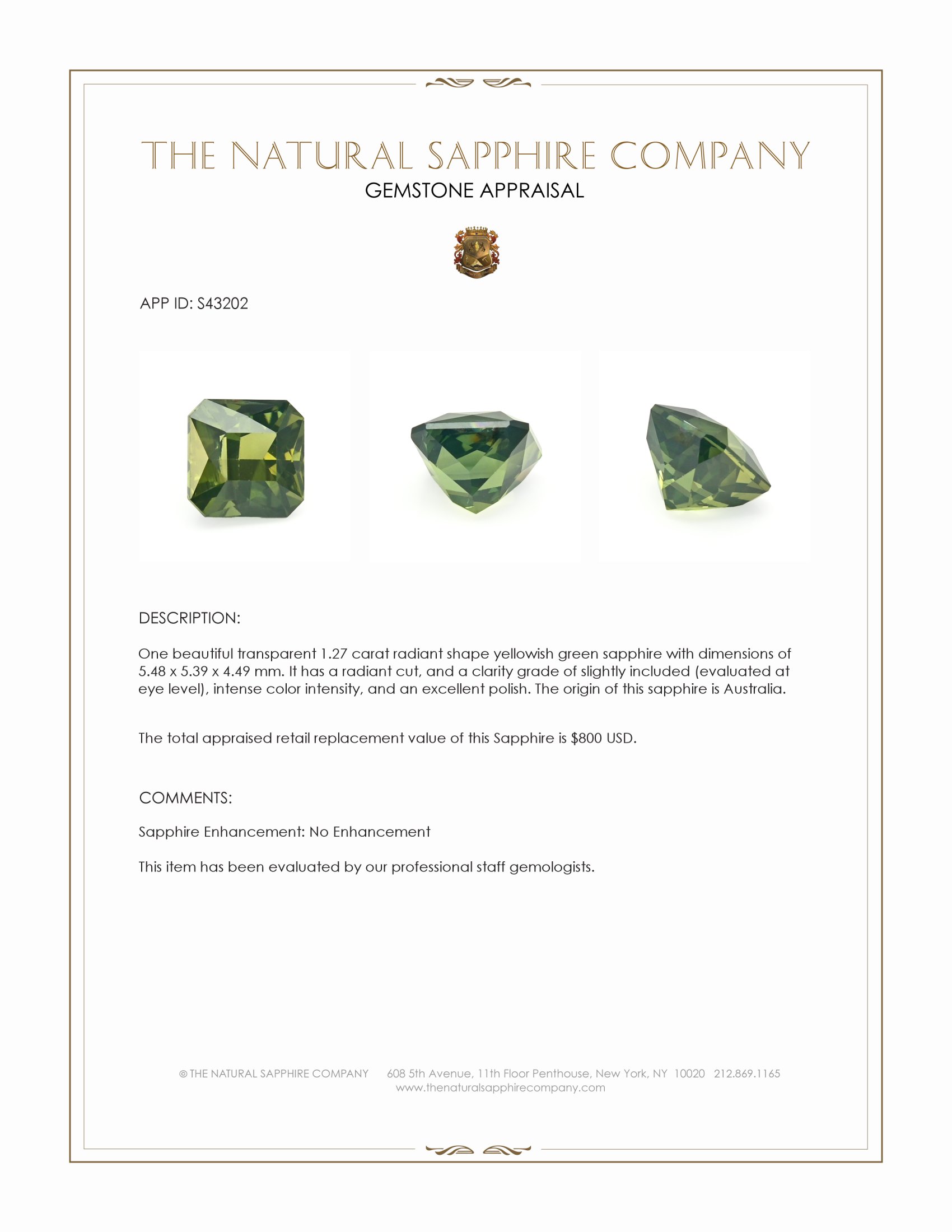1.27 Ct. Yellowish Green Sapphire from Australia