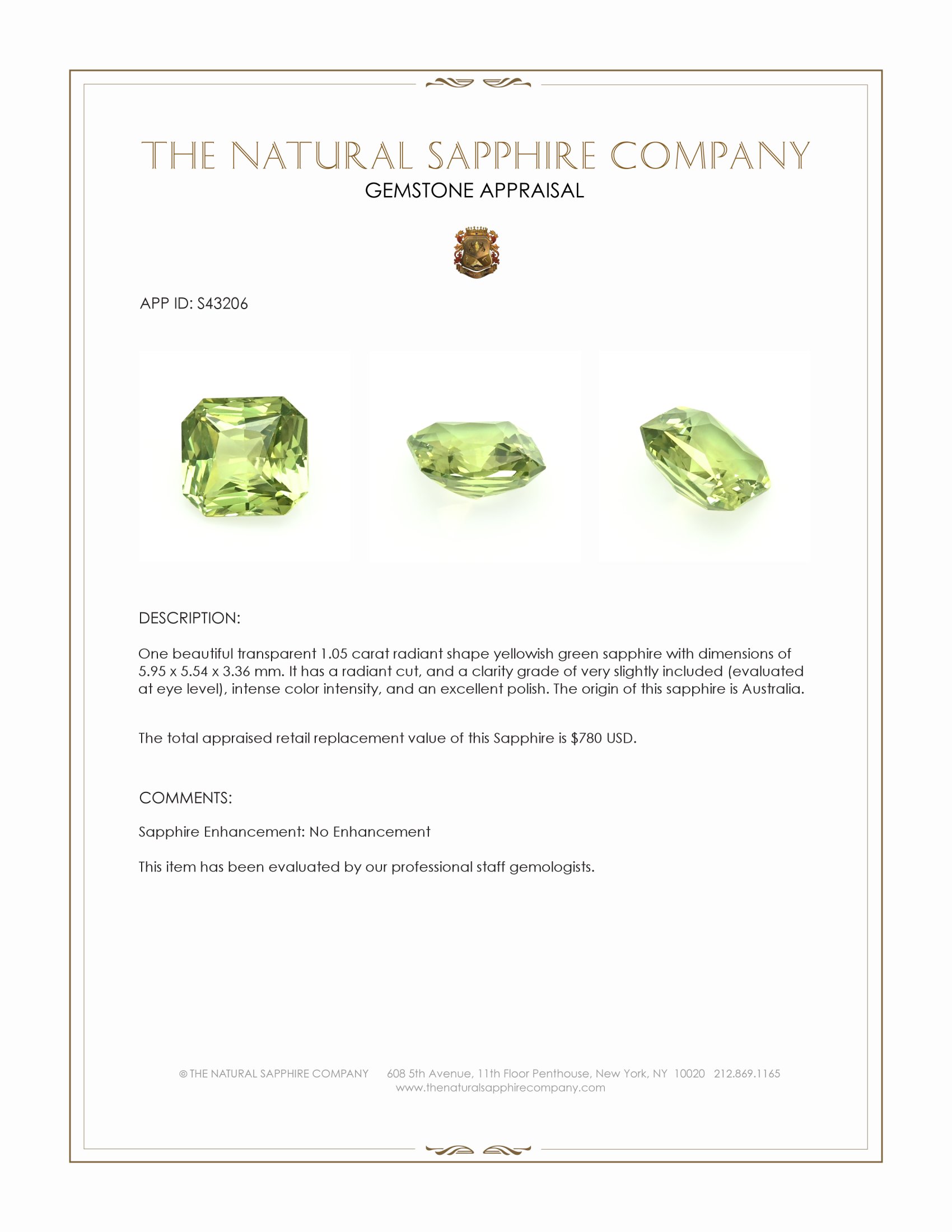 1.05 Ct. Yellowish Green Sapphire from Australia