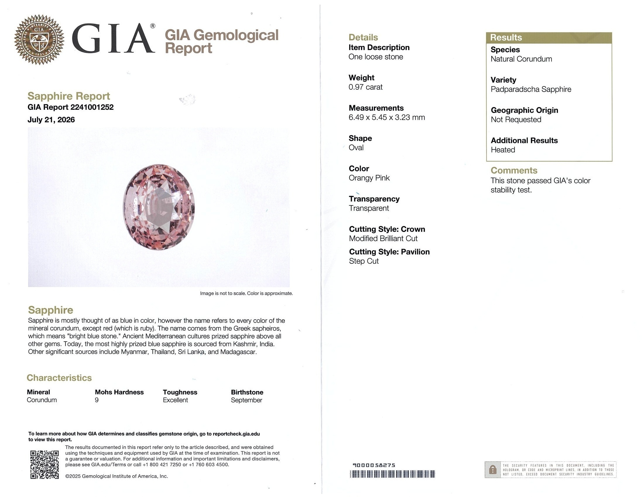 0.97 Ct. Padparadscha Sapphire from Ceylon (Sri Lanka)