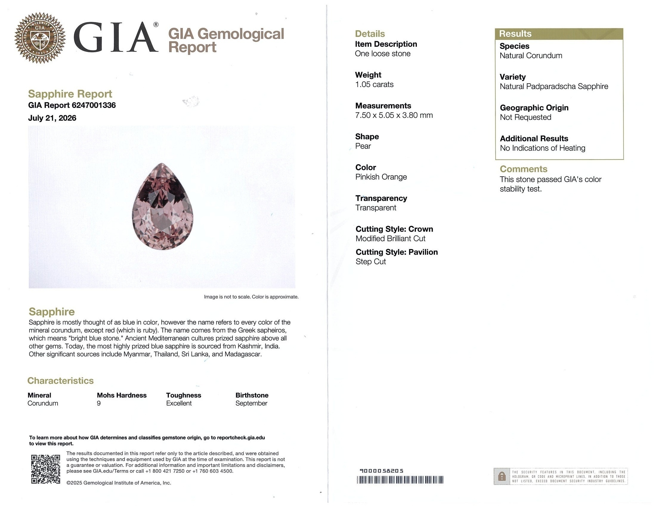 1.05 Ct. Padparadscha Sapphire from Ceylon (Sri Lanka)