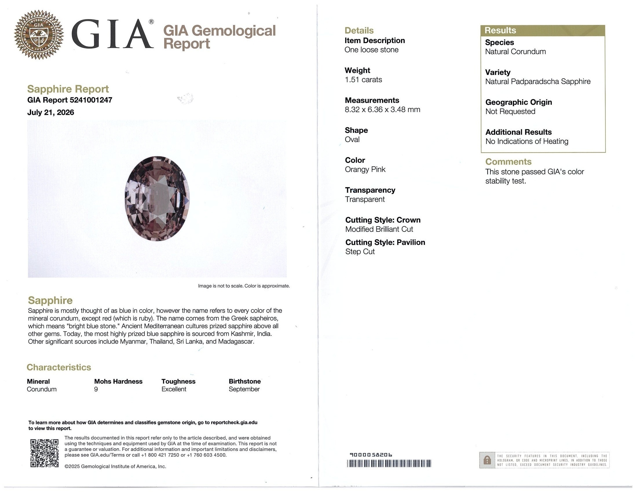 1.52 Ct. Padparadscha Sapphire from Ceylon (Sri Lanka)