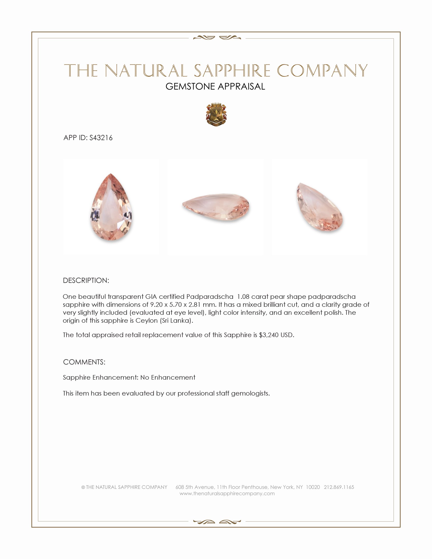 1.08 Ct. Padparadscha Sapphire from Ceylon (Sri Lanka)