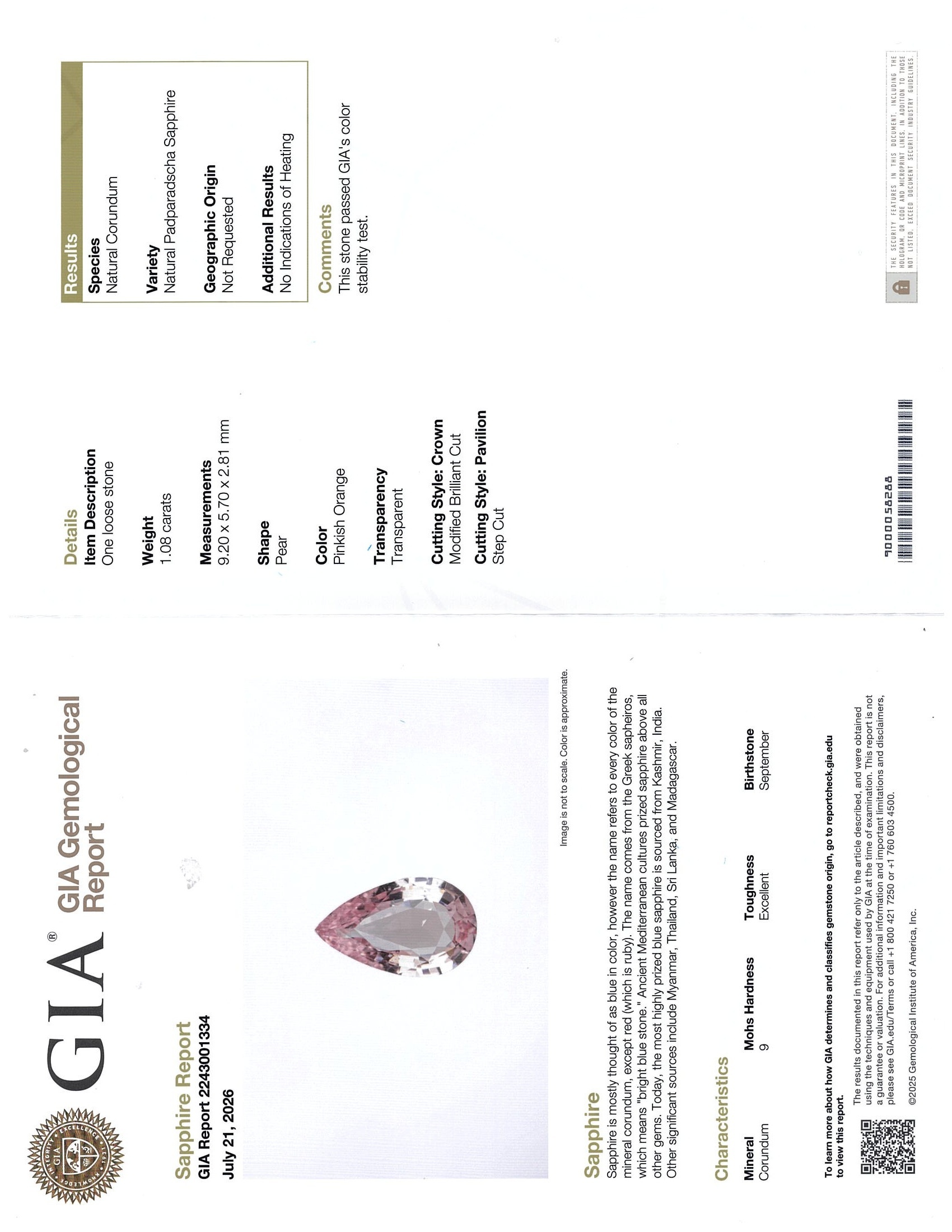 1.08 Ct. Padparadscha Sapphire from Ceylon (Sri Lanka)