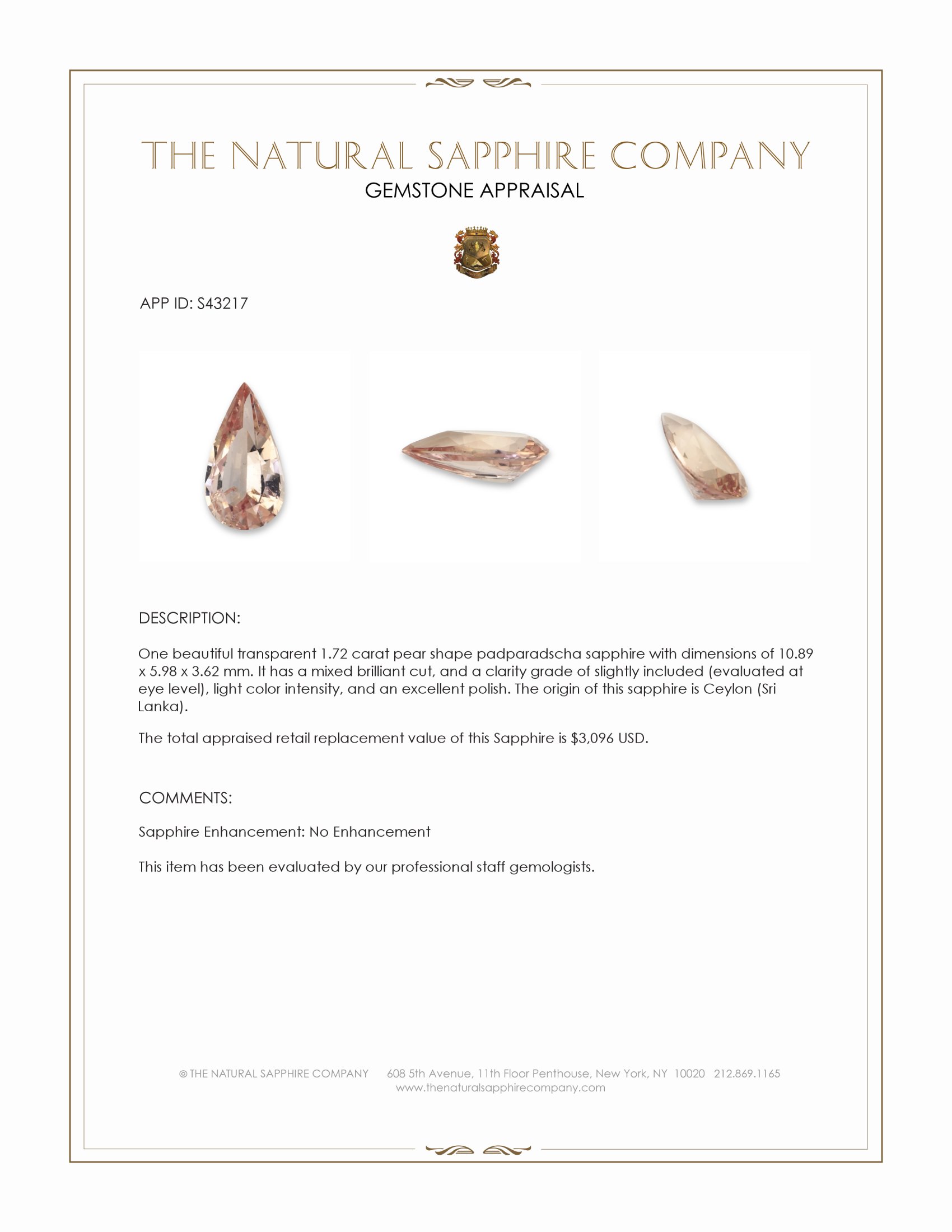 1.72 Ct. Padparadscha Sapphire from Ceylon (Sri Lanka)