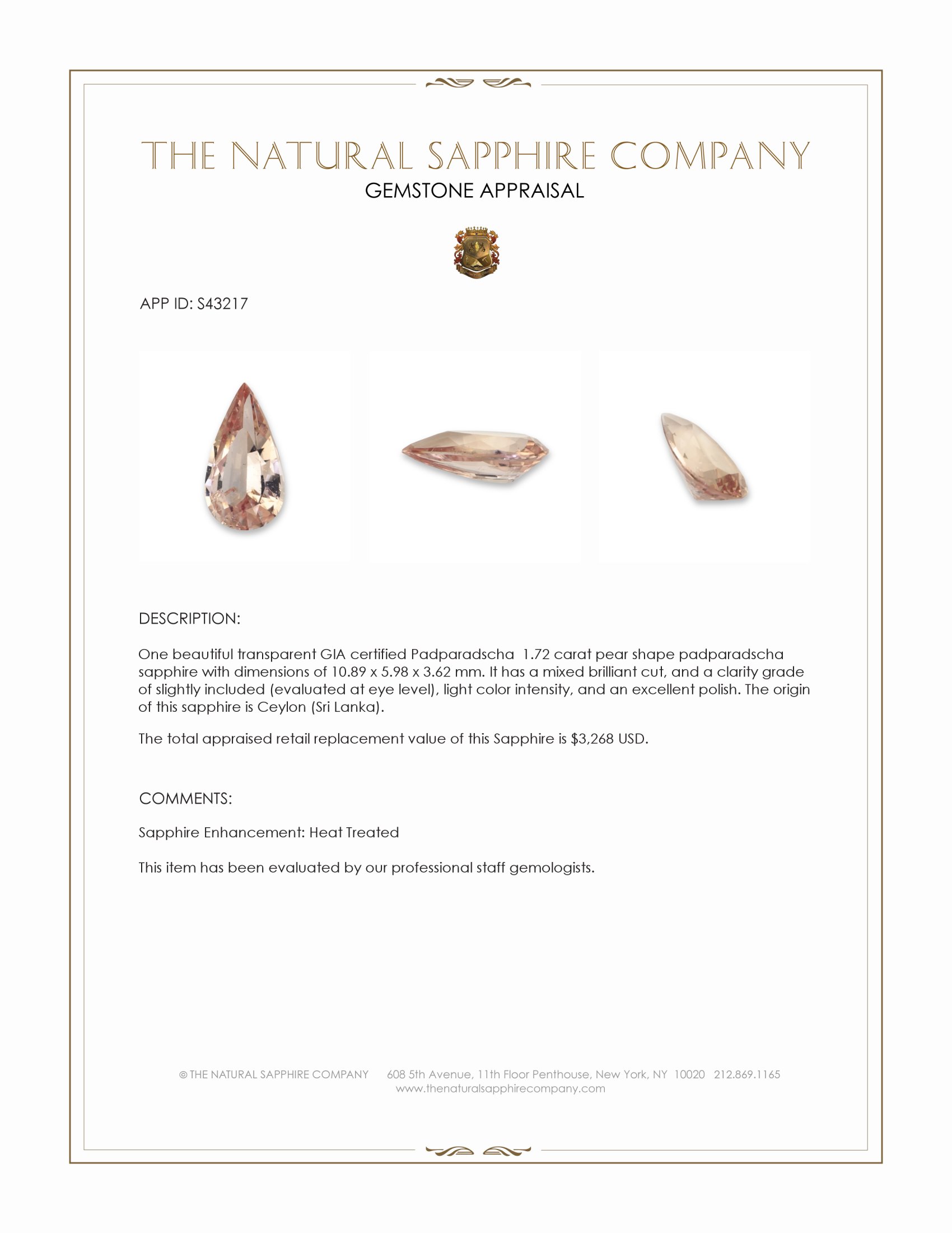 1.72 Ct. Padparadscha Sapphire from Ceylon (Sri Lanka)