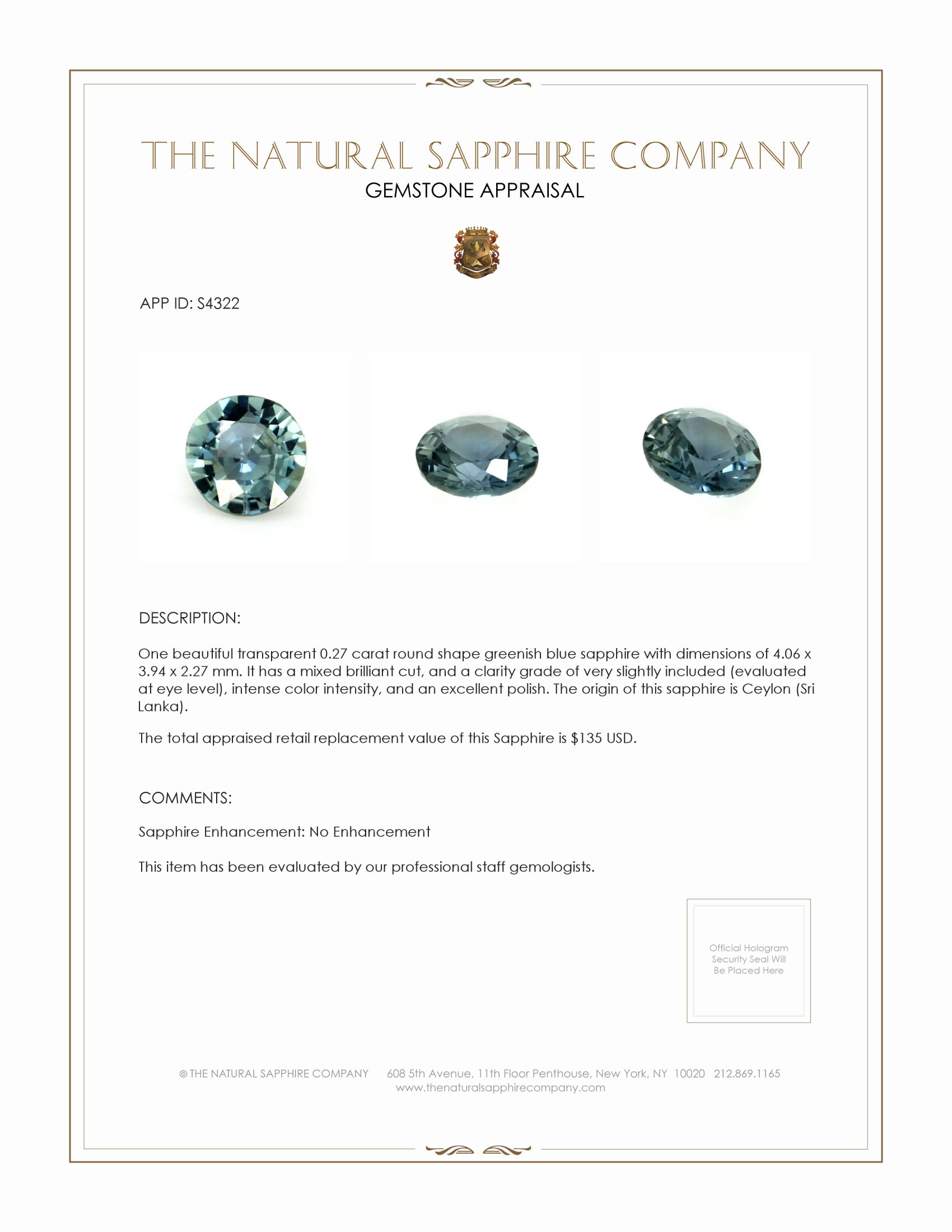 0.27 Ct. Greenish Blue Sapphire from Ceylon (Sri Lanka)