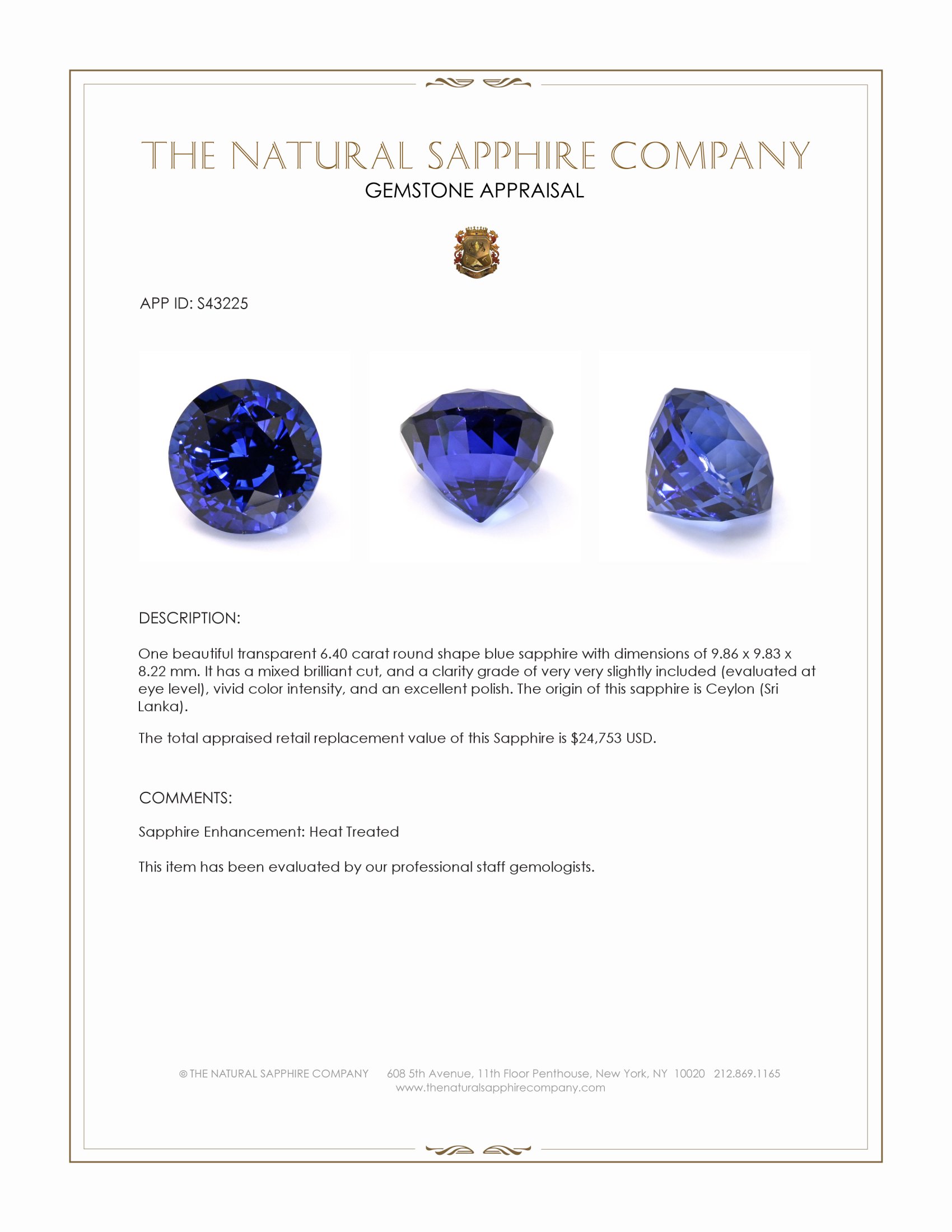 6.40 Ct. Blue Sapphire from Ceylon (Sri Lanka)