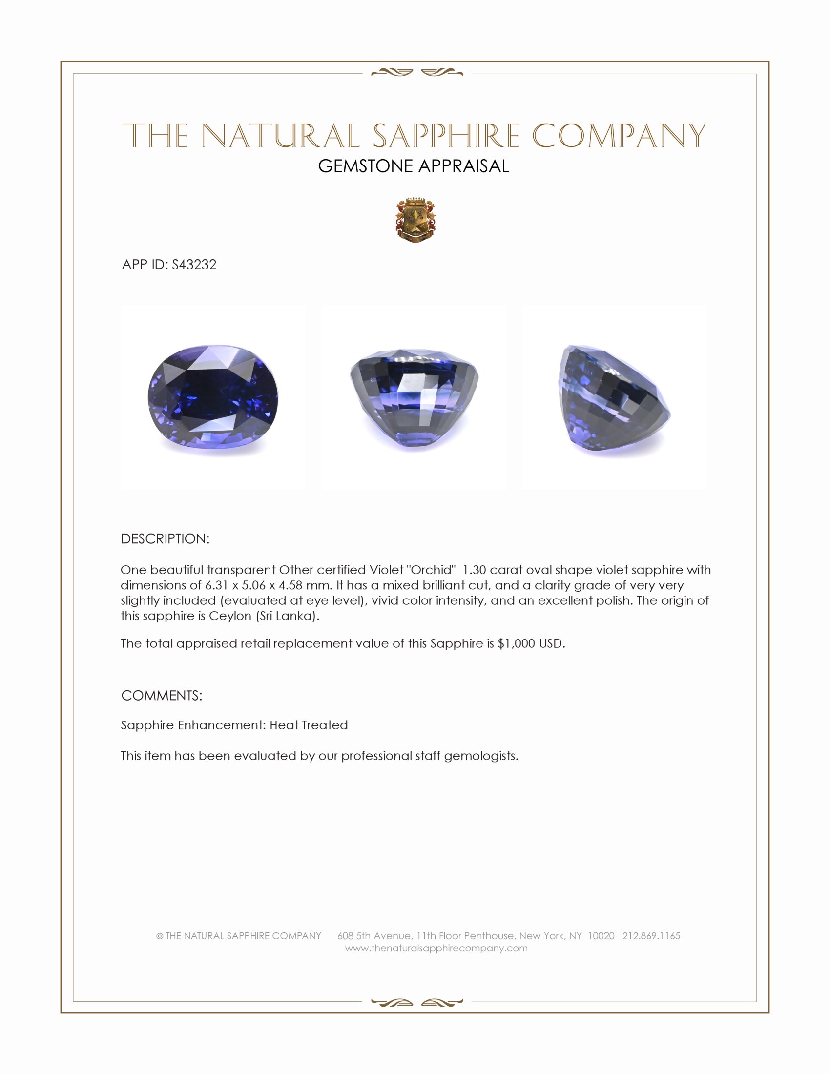 1.30 Ct. Violet Sapphire from Ceylon (Sri Lanka)