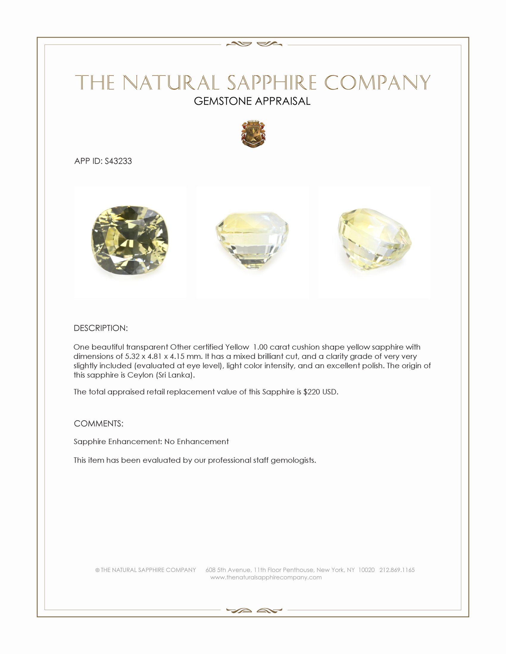 1.00 Ct. Yellow Sapphire from Ceylon (Sri Lanka)