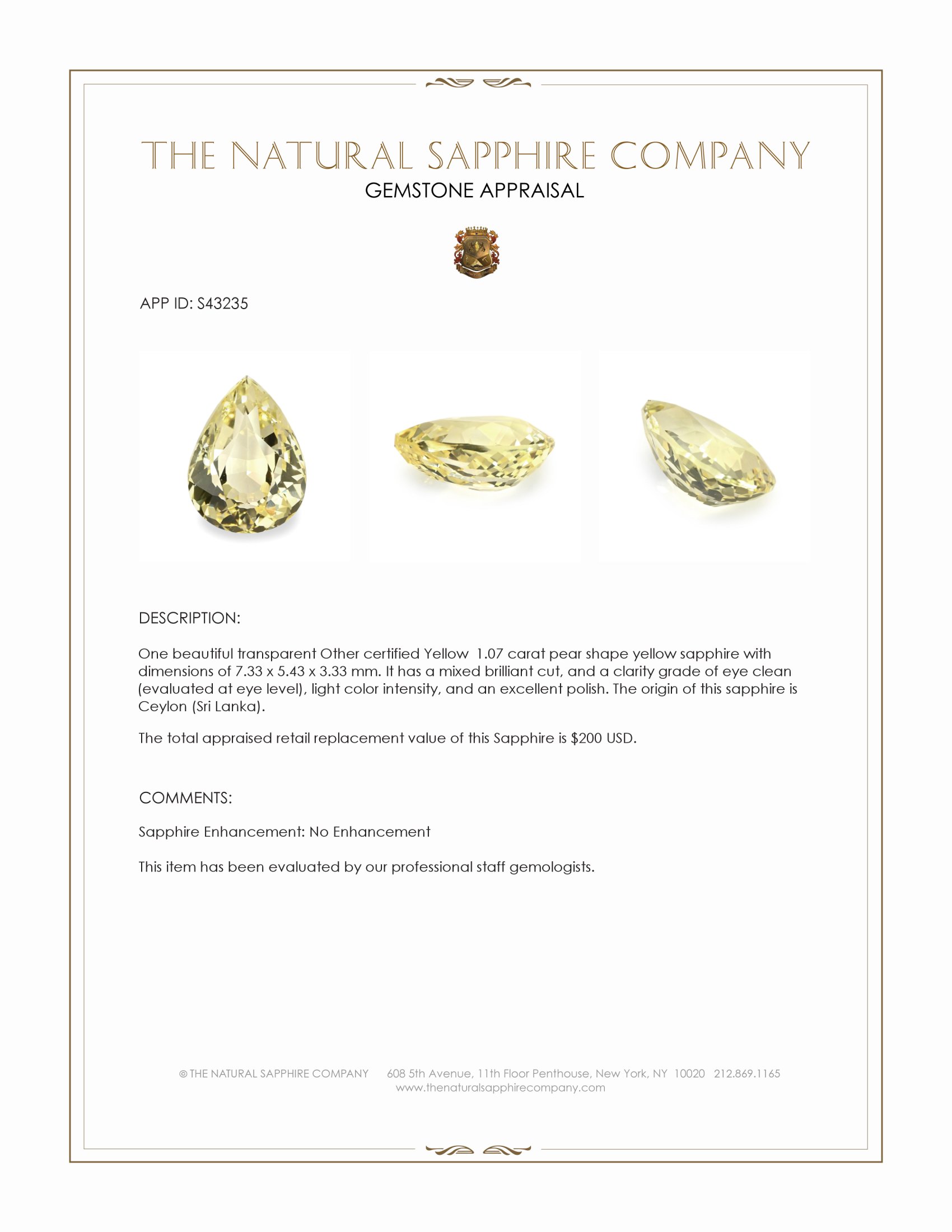 1.07 Ct. Yellow Sapphire from Ceylon (Sri Lanka)