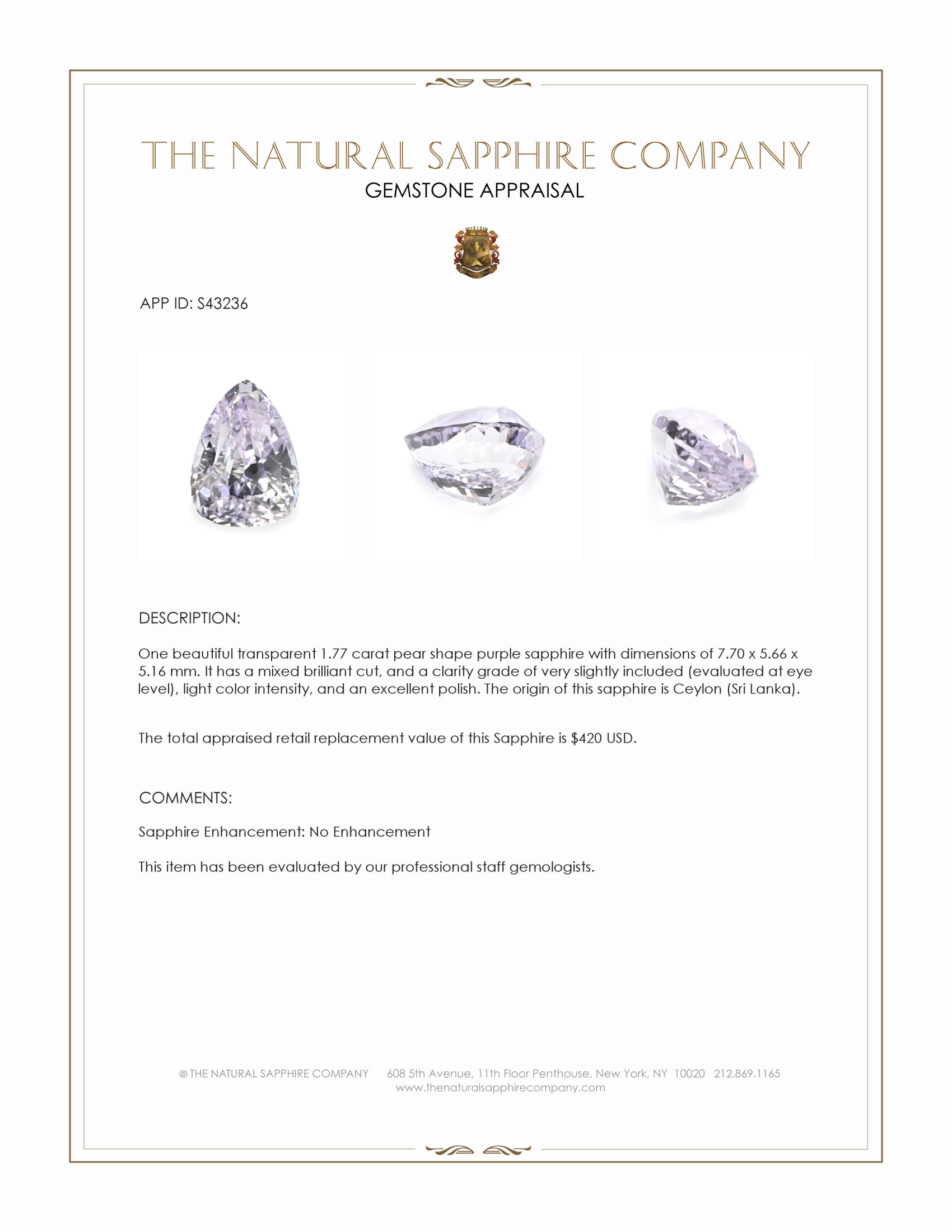 1.77 Ct. Purple Sapphire from Ceylon (Sri Lanka)