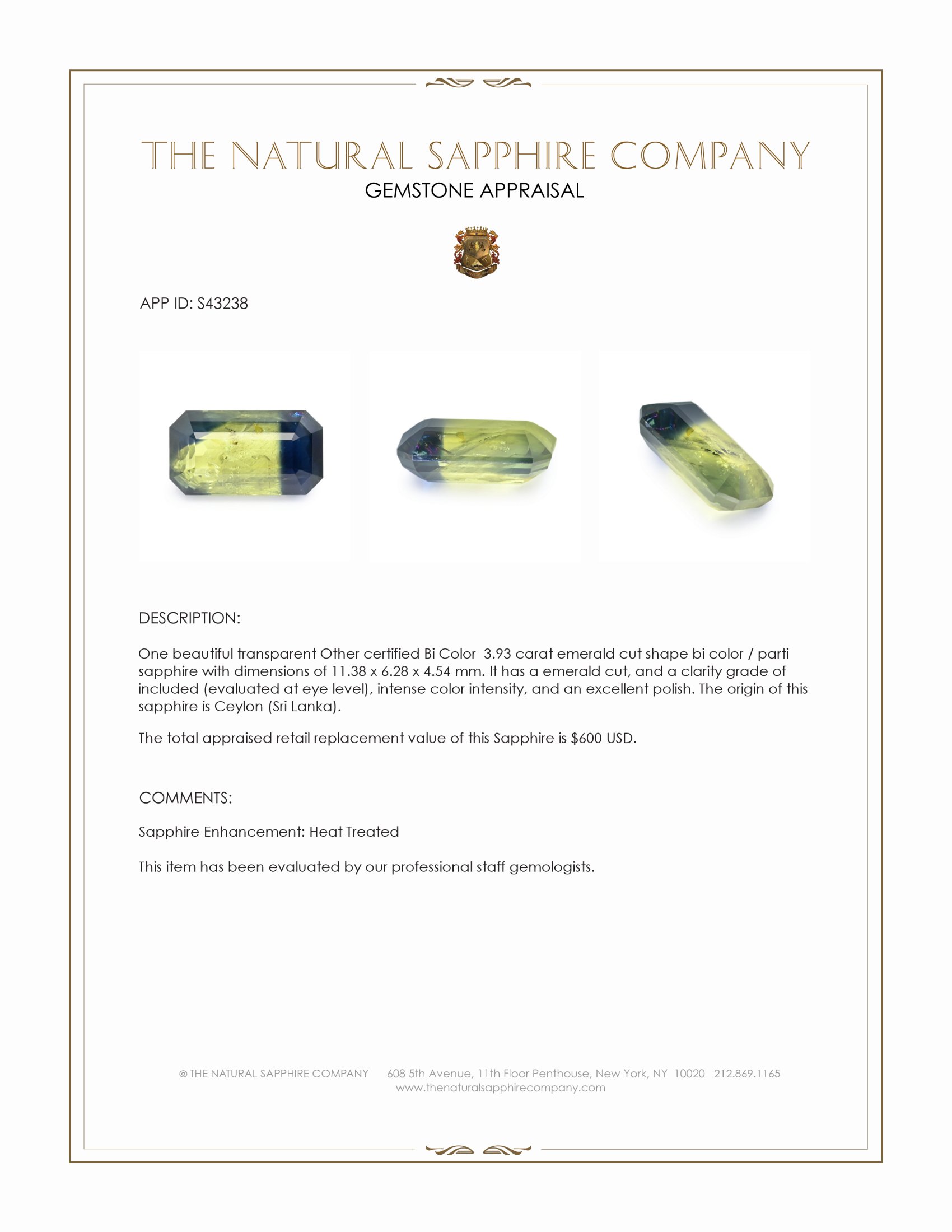3.93 Ct. Bi Color / Parti Sapphire from Ceylon (Sri Lanka)