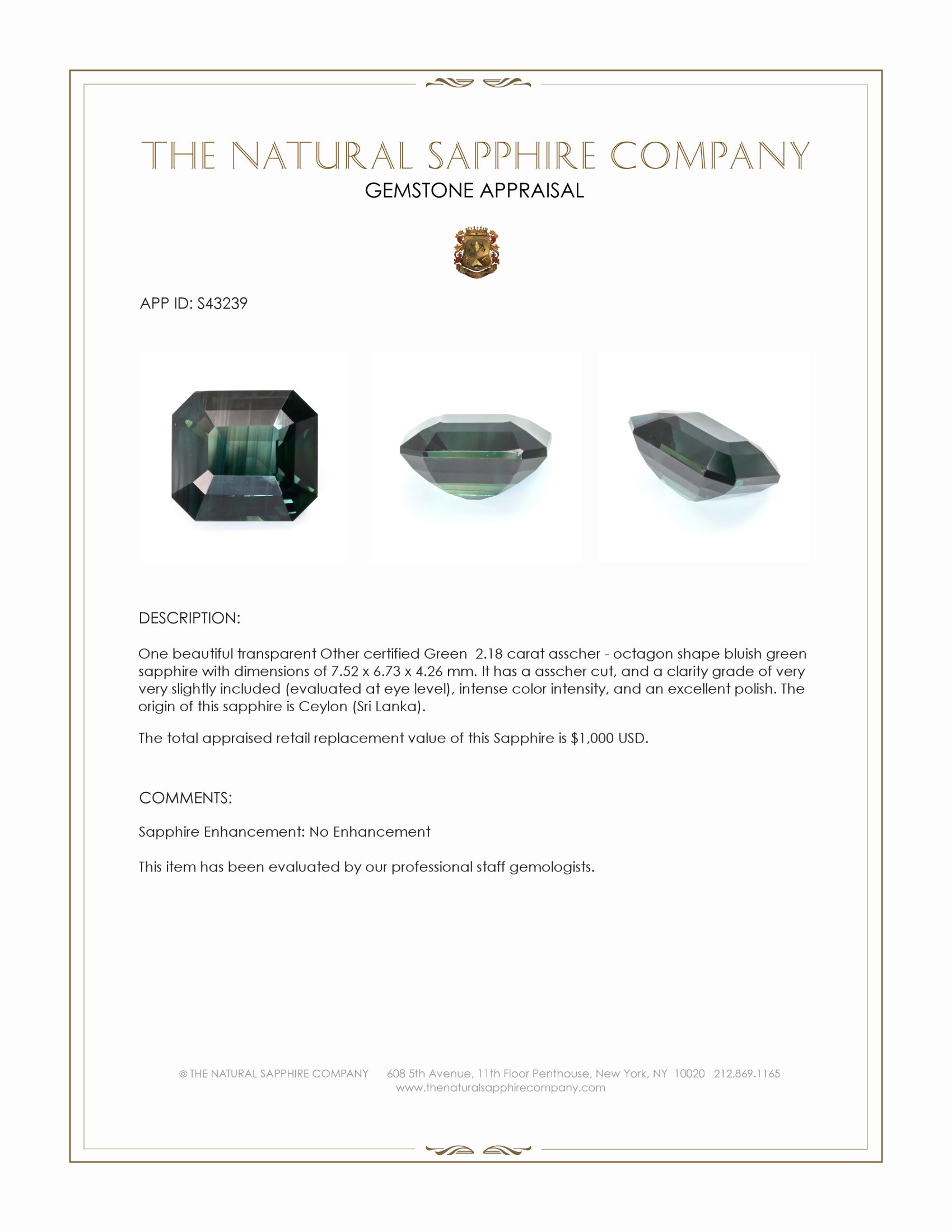2.18 Ct. Bluish Green Sapphire from Ceylon (Sri Lanka)