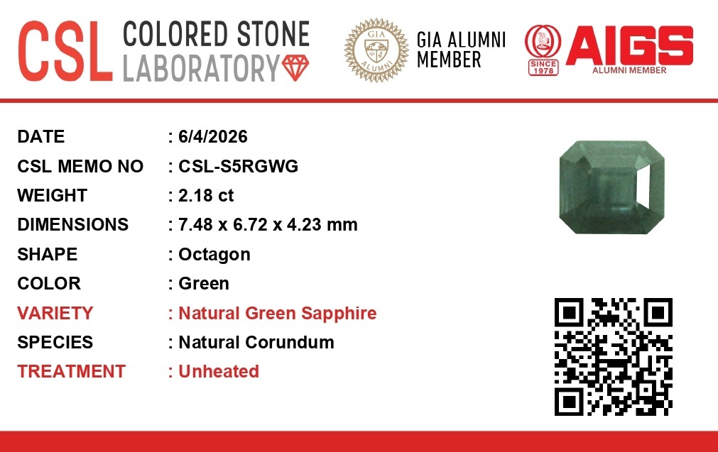 2.18 Ct. Bluish Green Sapphire from Ceylon (Sri Lanka)