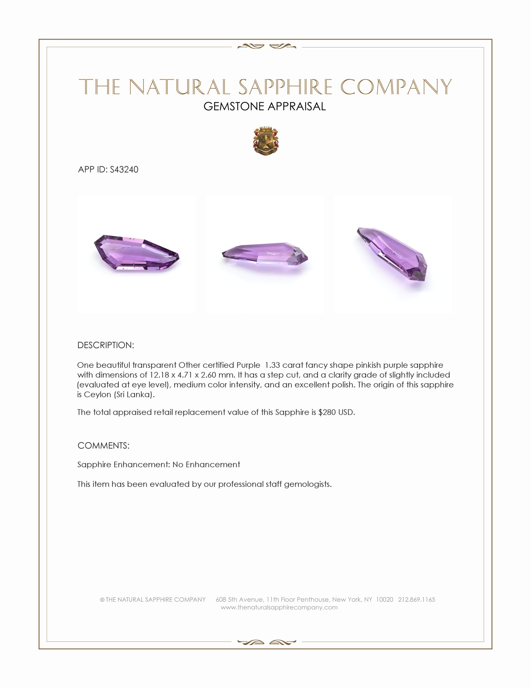1.33 Ct. Pinkish Purple Sapphire from Ceylon (Sri Lanka)