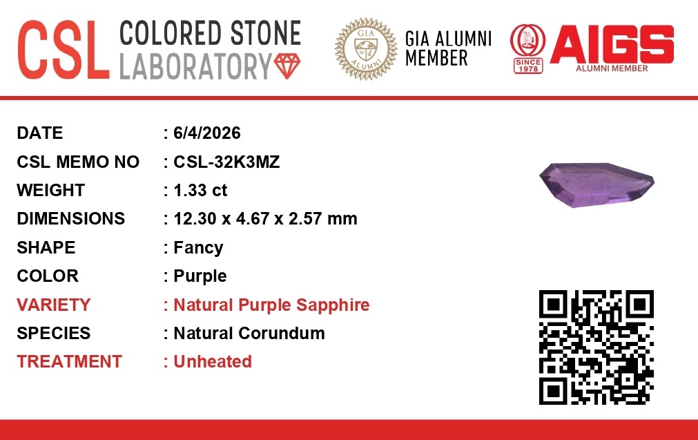 1.33 Ct. Pinkish Purple Sapphire from Ceylon (Sri Lanka)