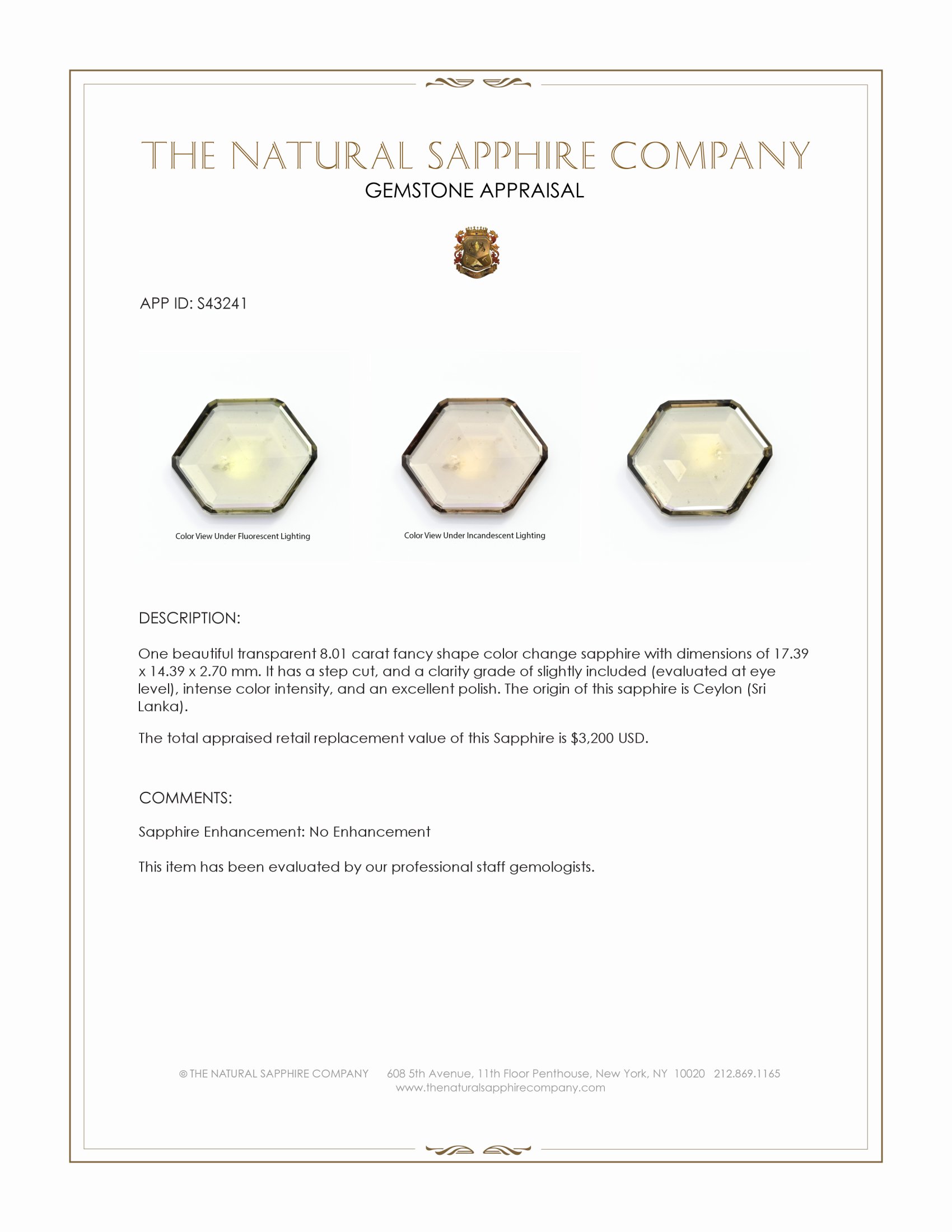 8.01 Ct. Color Change Sapphire from Ceylon (Sri Lanka)