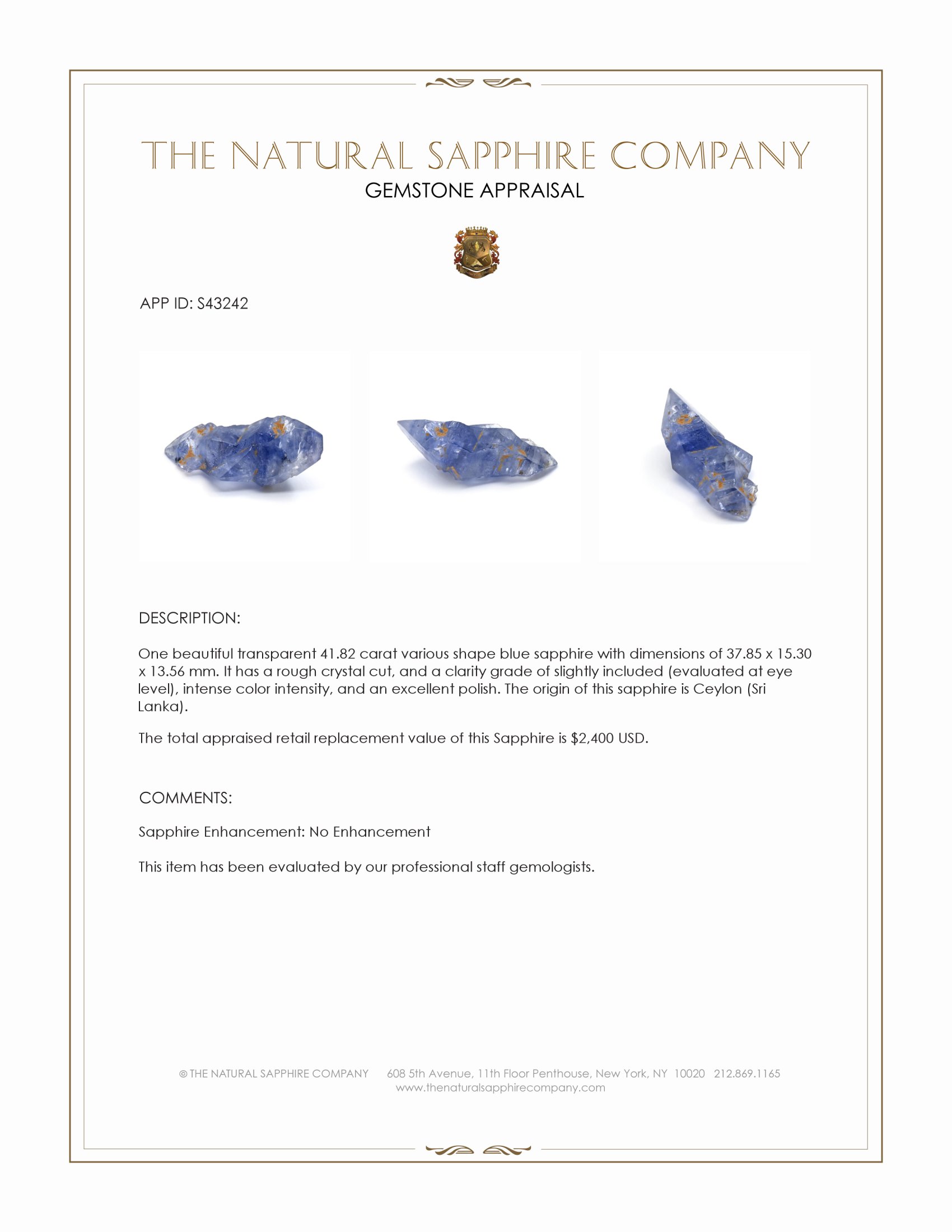 41.82 Ct. Blue Sapphire from Ceylon (Sri Lanka)
