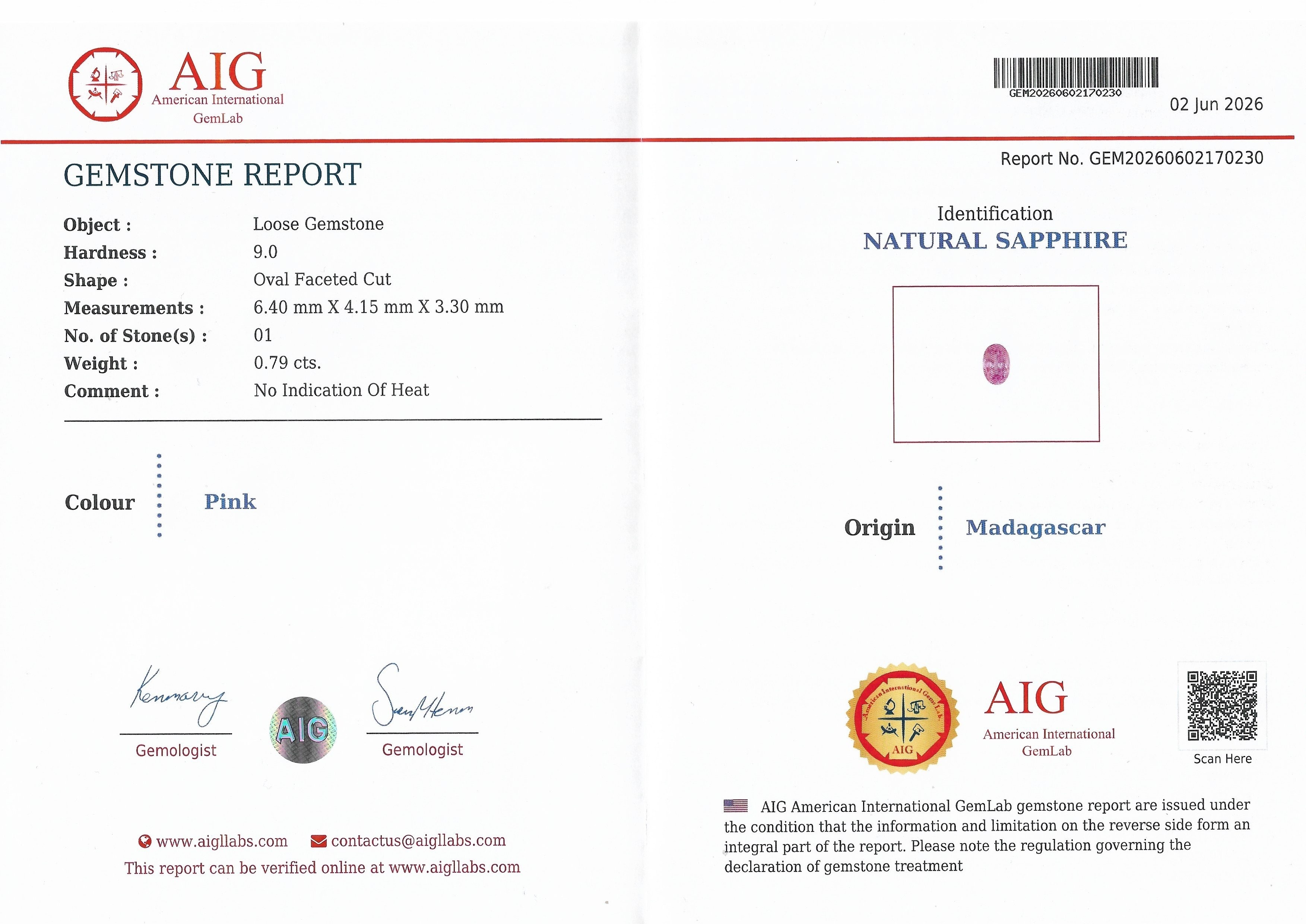 0.79 Ct. Pink Sapphire from Madagascar