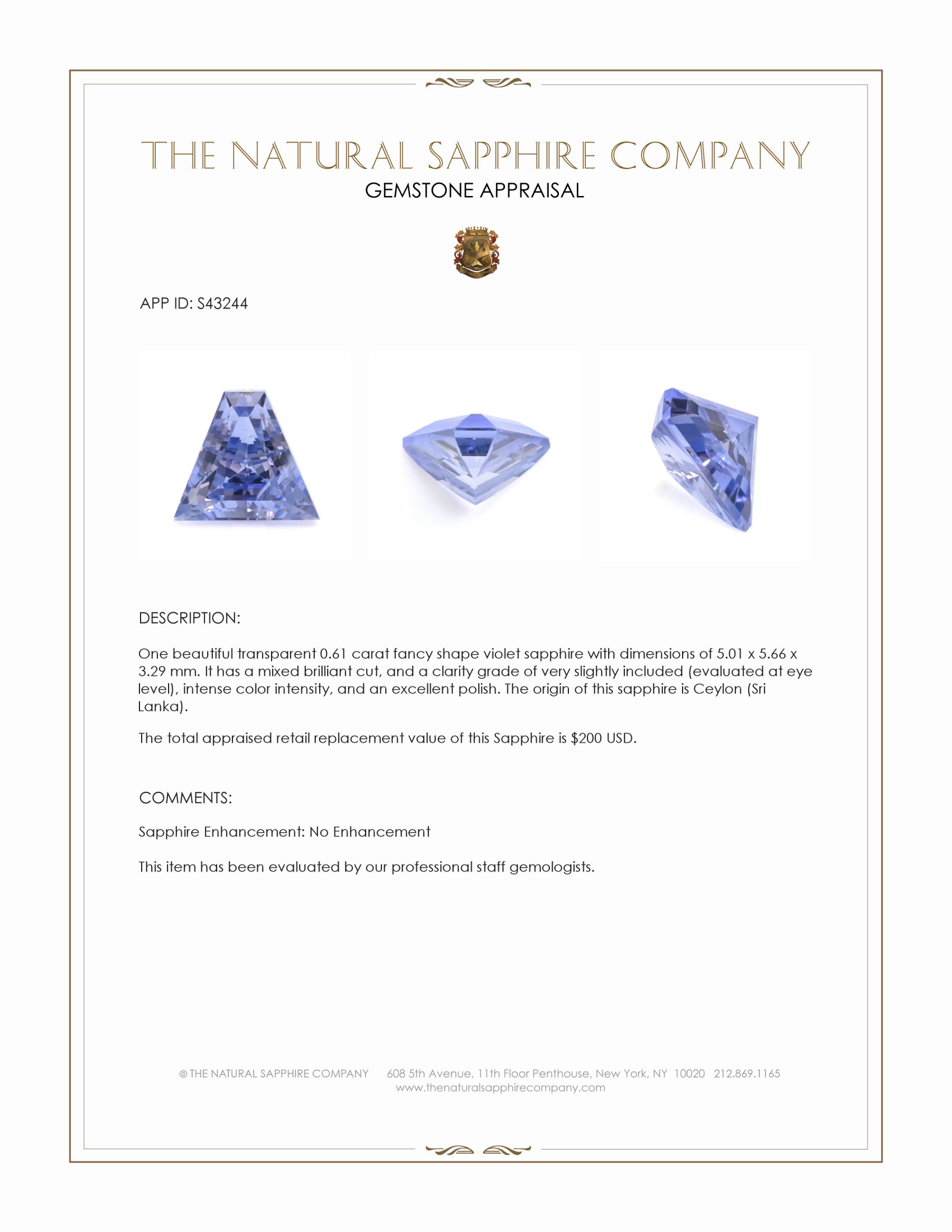 0.61 Ct. Violet Sapphire from Ceylon (Sri Lanka)