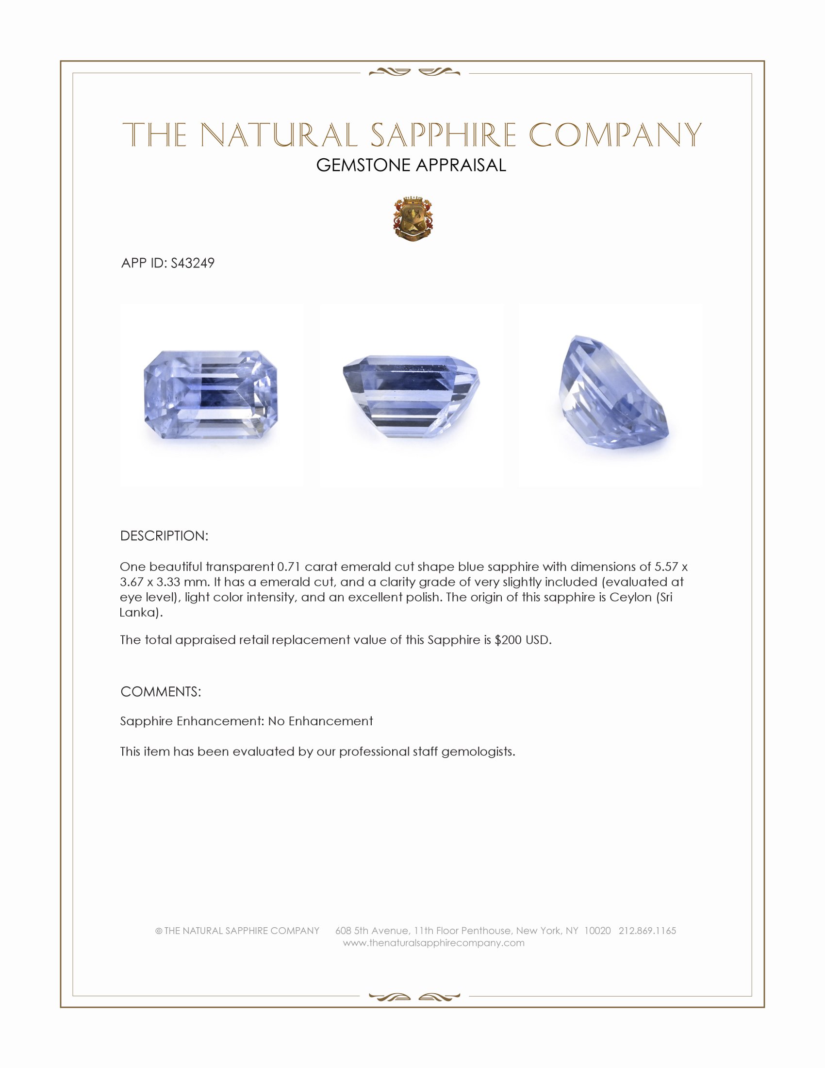 0.71 Ct. Blue Sapphire from Ceylon (Sri Lanka)