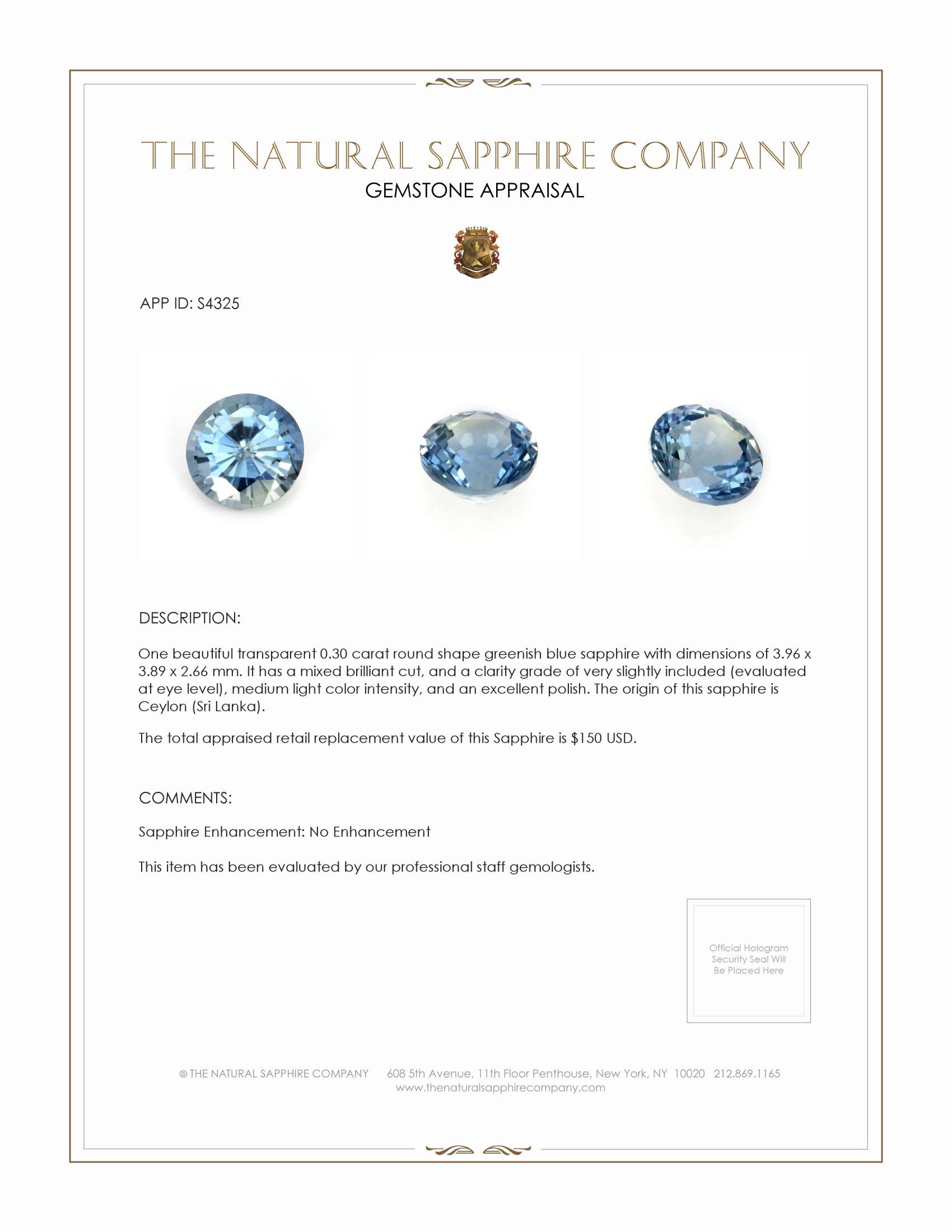 0.30 Ct. Greenish Blue Sapphire from Ceylon (Sri Lanka)