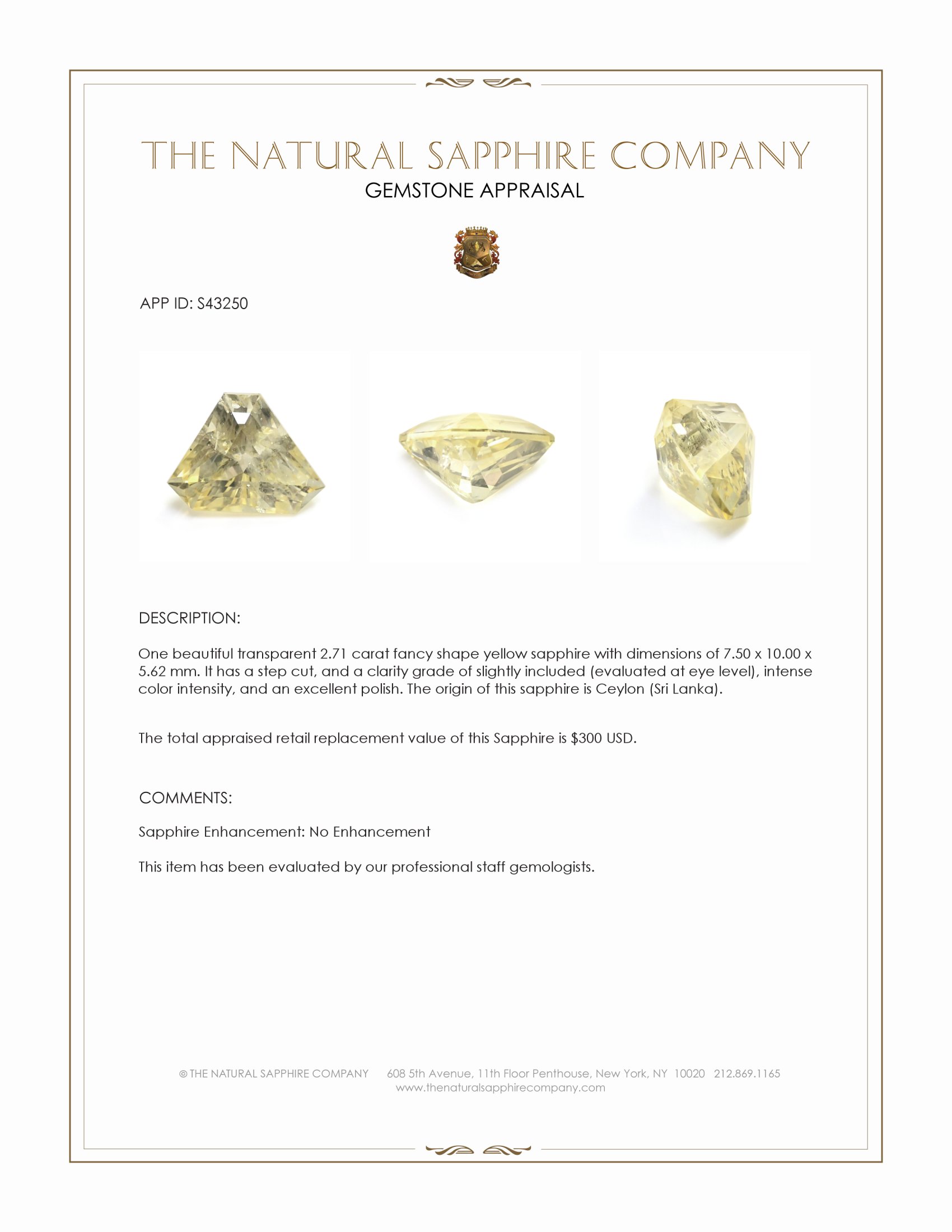 2.71 Ct. Yellow Sapphire from Ceylon (Sri Lanka)