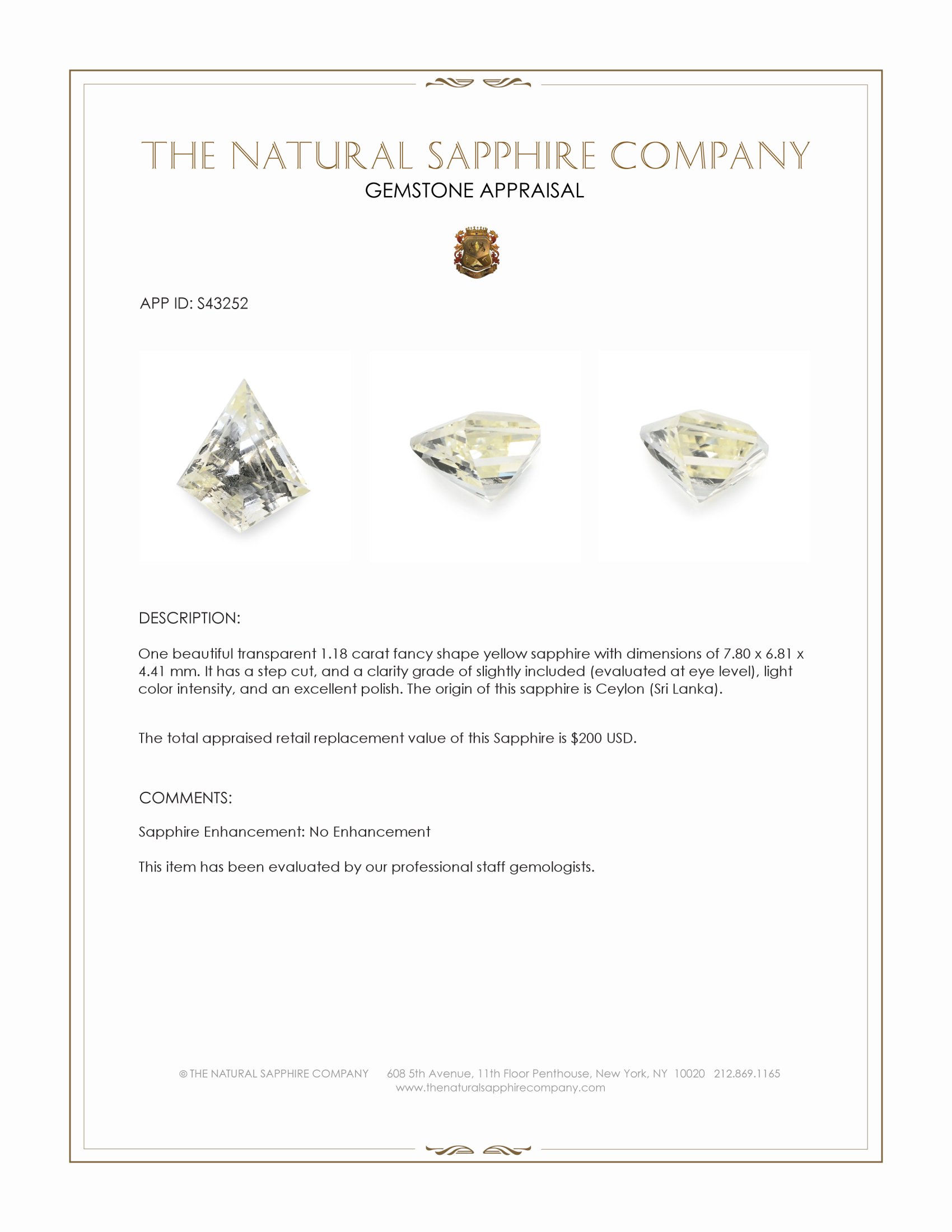 1.18 Ct. Yellow Sapphire from Ceylon (Sri Lanka)
