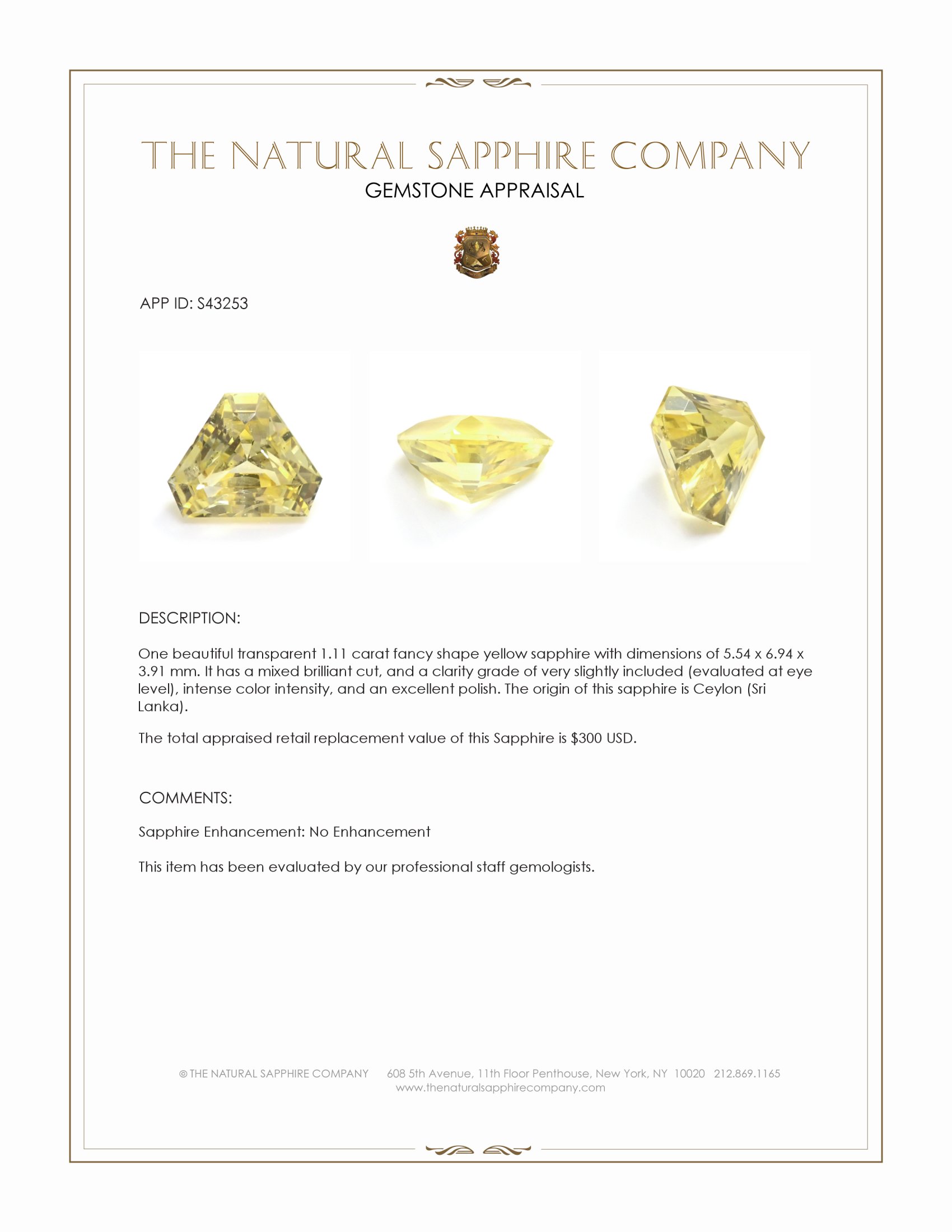 1.11 Ct. Yellow Sapphire from Ceylon (Sri Lanka)