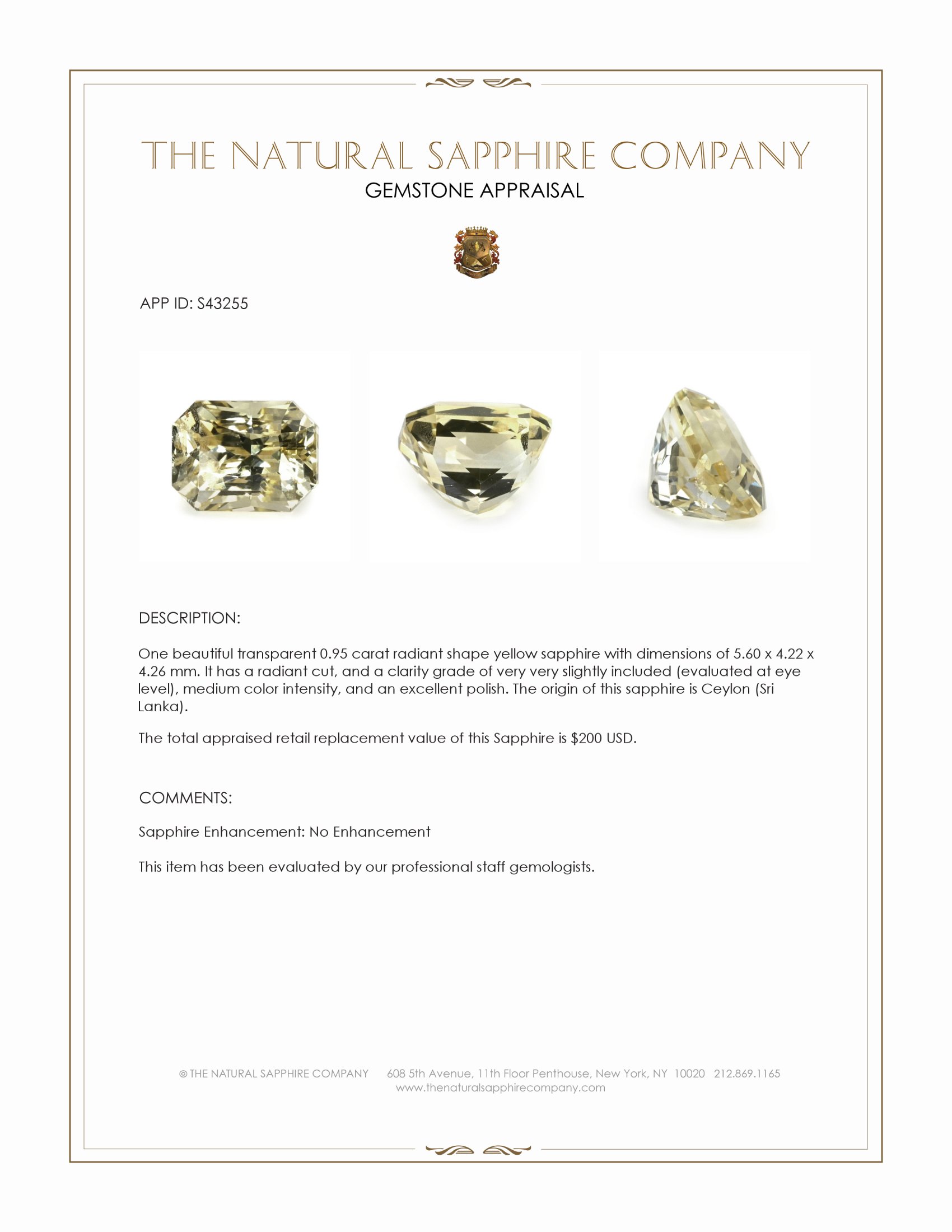 0.95 Ct. Yellow Sapphire from Ceylon (Sri Lanka)